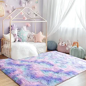 2x6 Fluffy Runner Rug - Non Slip Blue Rainbow Tie-dye Rug for Living Room - Cute Indoor Floor Rug for Girls Room
