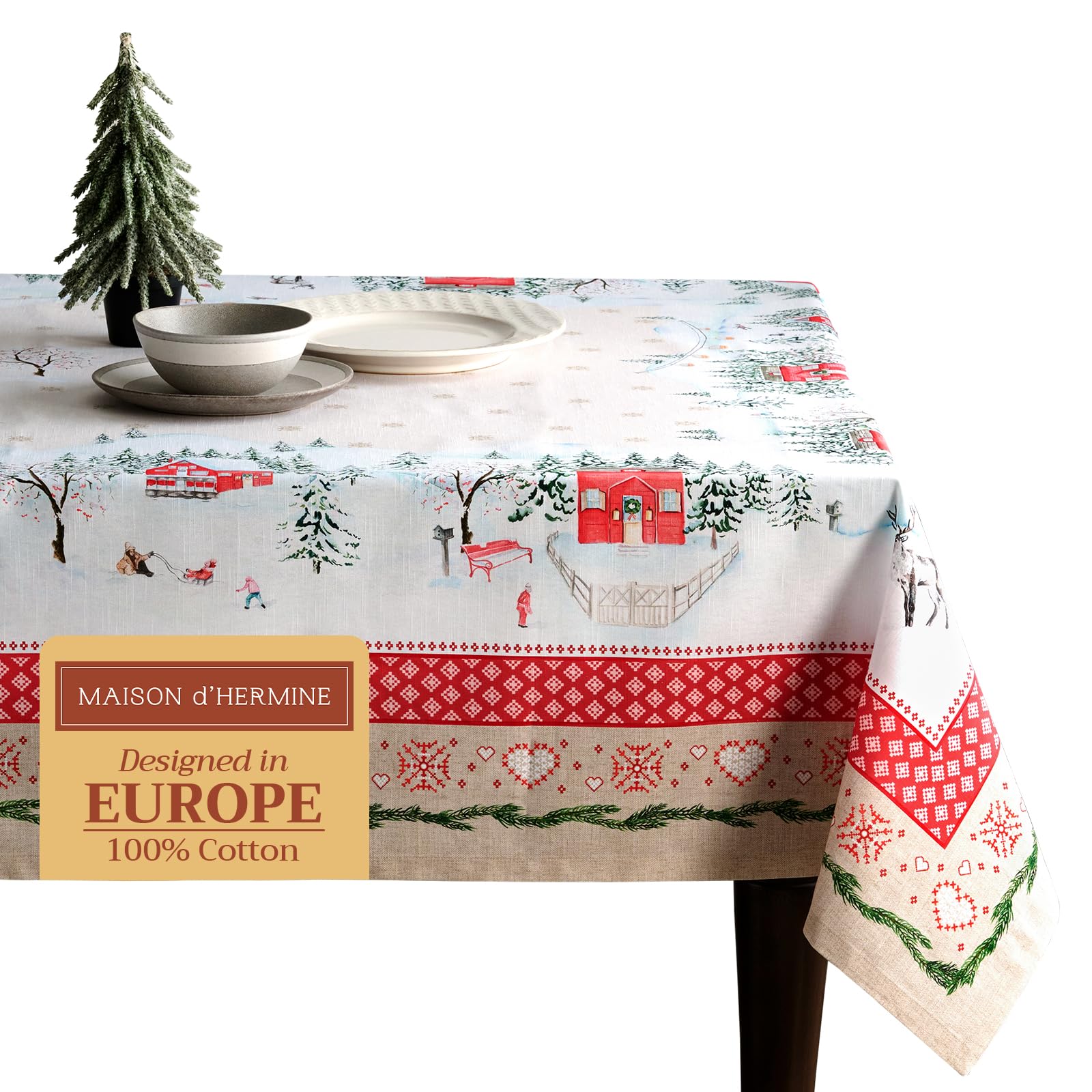 Maison D' Hermine 114 - Rural Christmas Table Cloth Rectangle Table 100% Cotton 230 Cm X 140 Cm Tablecloth Reusable Everyday Use For Christmas Decorations Dining Farmhouse Home Party Festive (Rural Christmas)