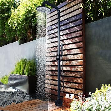 Rain Style Outdoor Shower Stainless Steel Garden Shower with Rain Shower and Handheld Shower Head for Home/Commercial Vertical Poolside Shower Equipment System, Black