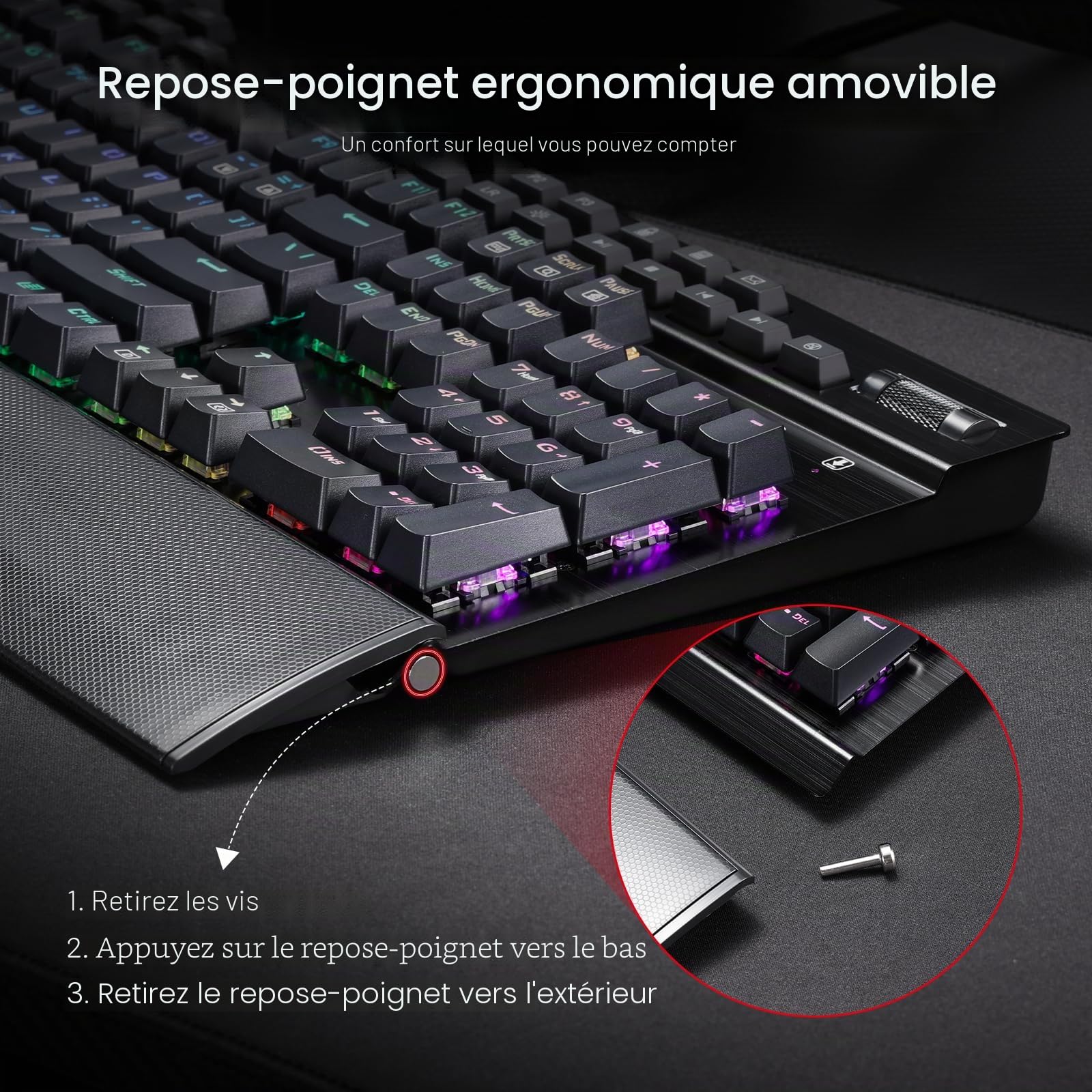 Redragon Clavier de jeu K550 RVB, 104 touches + 12 macro G, clavier mécanique filaire, interrupteur violet cliqué, port USB supplémentaire, repose-poignet