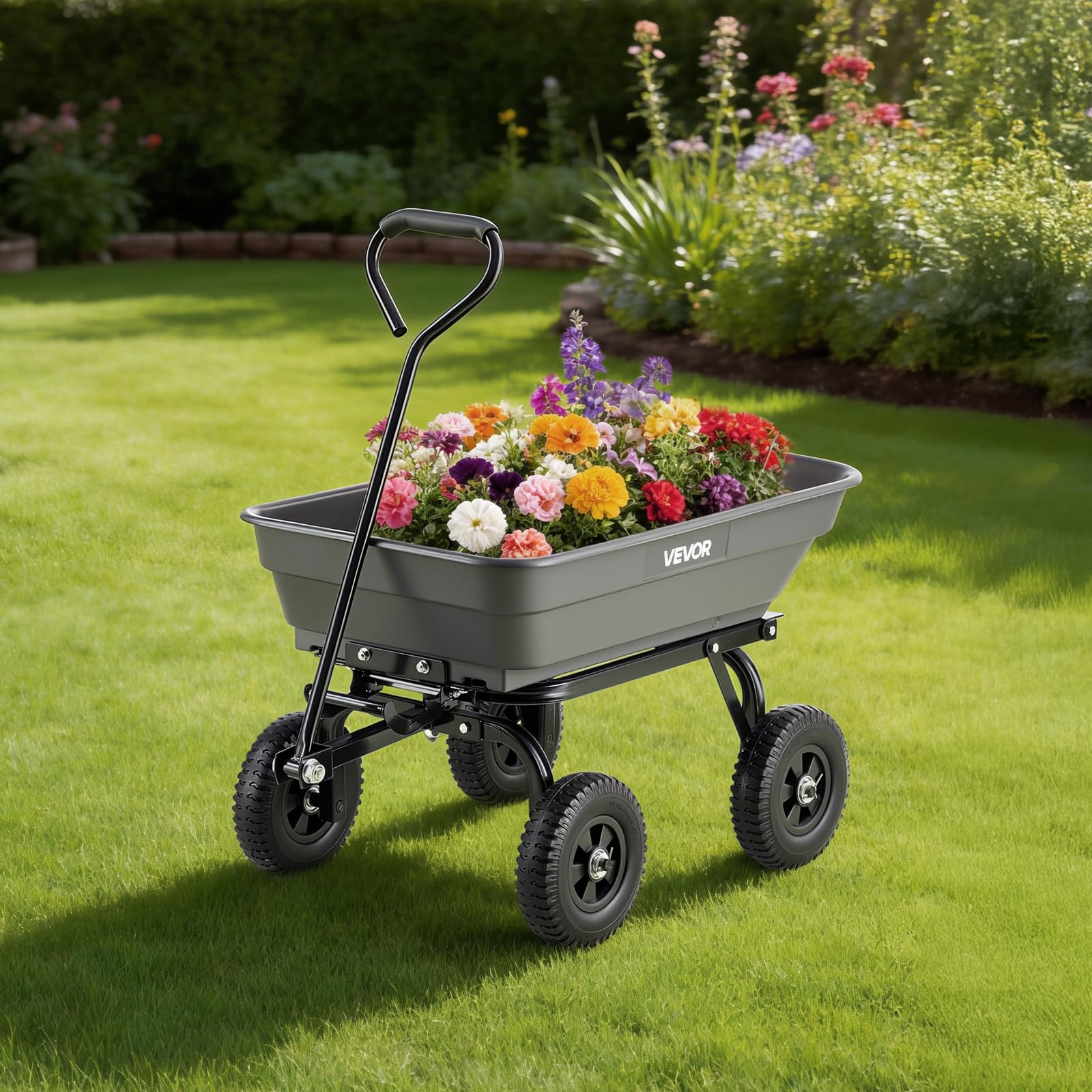 VEVOR Chariot de Jardin Basculant Max. 181 kg Chariot à Benne Basculante en PP pour Transport de Bois Plantes Terre, Basculement à 90°, 4 Roues Increvables Pivotantes à 180°, Roulement Rotatif à 270°