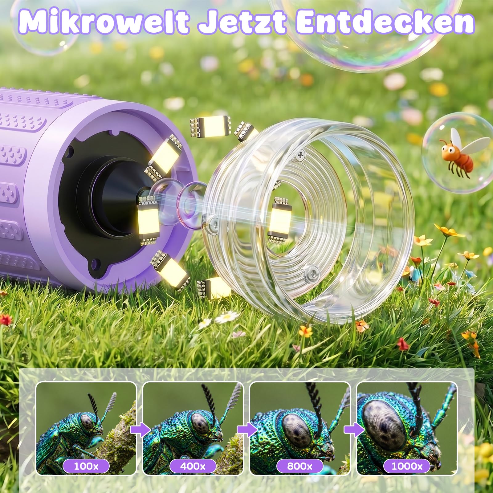 Digitales Mikroskop für Kinder 1000x Vergrößerung, Tragbares Mikroskop Kinder mit 3,0 Zoll HD Bildschirm, Fotofunktion und PC-kompatibel, Kindermikroskop für Garten, Wald & Outdoor (Lila)