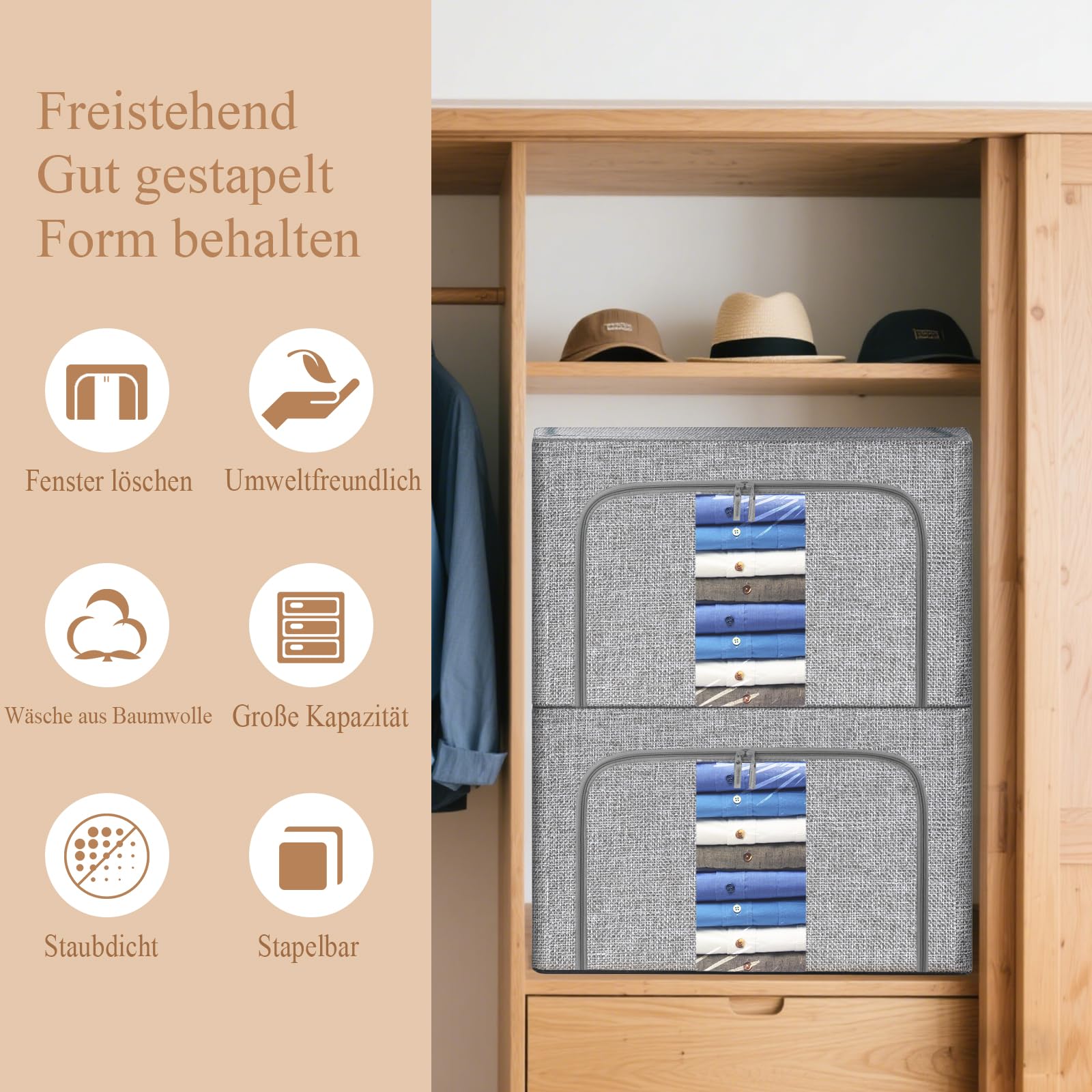 Aufbewahrungsbox 100L 2er Set, Leinenstoff mit Metallrahmen, faltbar mit transparentem Fenster, dichtem Reißverschluss & Griffen, staub- & feuchtigkeitsbeständig für Kleidung, Bettwäsche