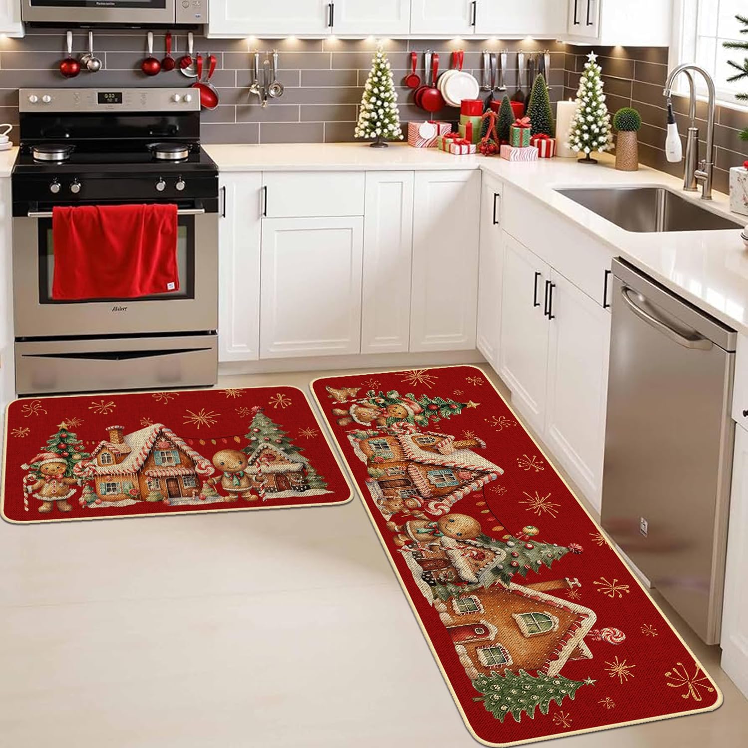 Christmas Kitchen Rugs Set of 2,Gingerbread Kitchen Mats for Floor,Xmas Holiday Non Slip Sink Laundry Rug Winter Kitchen Home Decor Doormat 17x30 Inch+Runner Rug 17x47 Inch