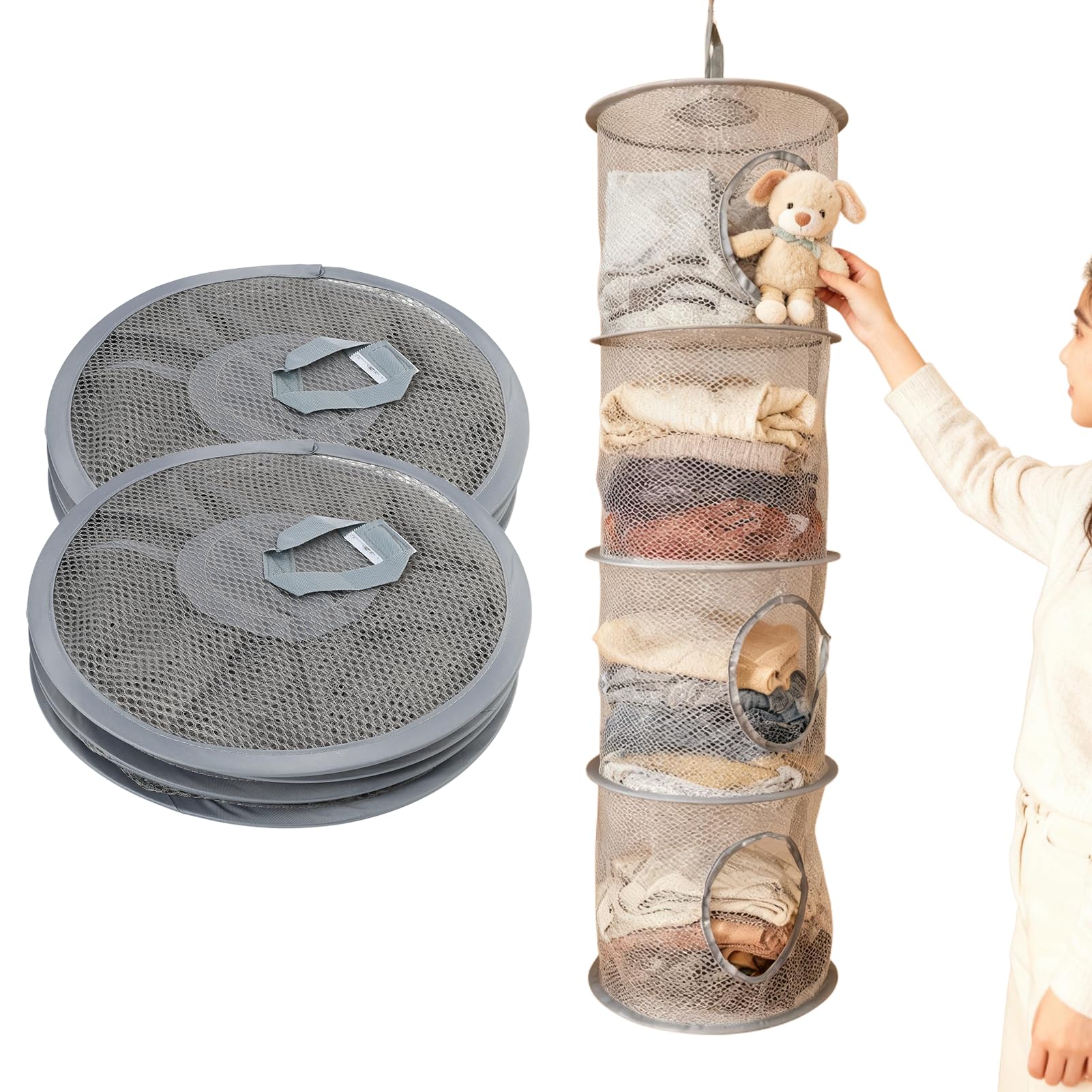 sofun 2 PCS Hängeaufbewahrung für Kuscheltier (4 Ebenen, Grau) – Faltbare Netz-Aufbewahrung, Hängeregal Stoff für Kinderzimmer & Wohnwagen, Organizer Hängend für Kuscheltiere & Spielzeug Küche, Haushalt & Wohnen