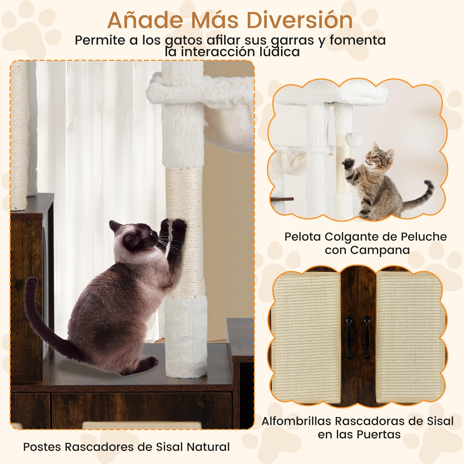 GYMAX Armario de Caja de Arena para Gatos, Árbol para Gatos con Cama, 2 Hamacas, Percha, Comederos y Compartimentos Abiertos, Mueble para Gatitos de Interior con Rascador y Alfombras de Sisal