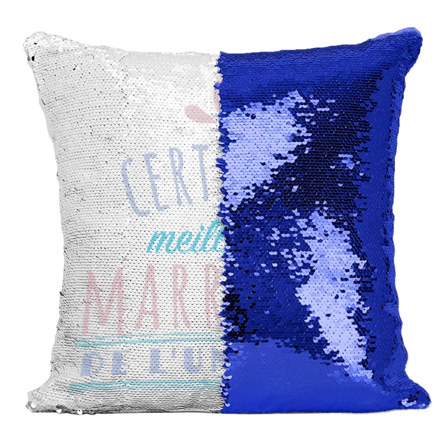 Coussin paillettes bleu meilleure marraine décoration salon canapé chambre