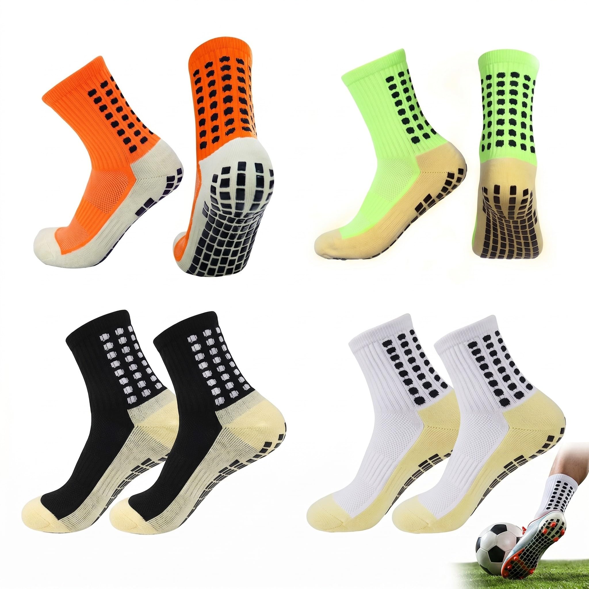 4 Paia Calze Antiscivolo Calcio Professionali, Calzini Grip Calcio per Uomo Ragazzo Bambino, Calze Sportive Traspiranti per Allenamento, Basket, Corsa, Taglia 34-45 (Bianco, Verde, Arancio, Nero)