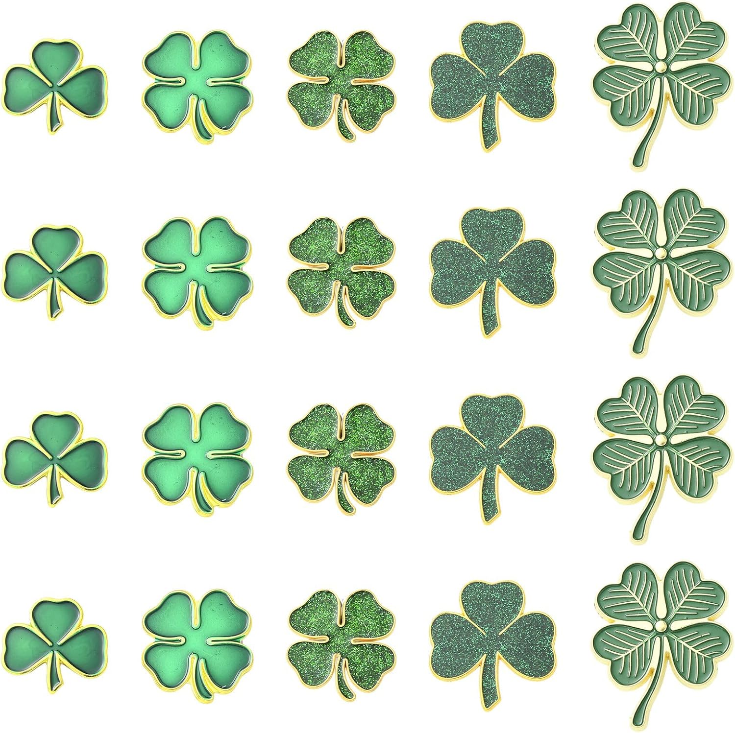 LiQunSweet Saint Patrick's Day Clover Enamel Lapel Pin Brooches, Golden Dark Green, 5 Styles, 20 Pieces, 14-31x19-26mm