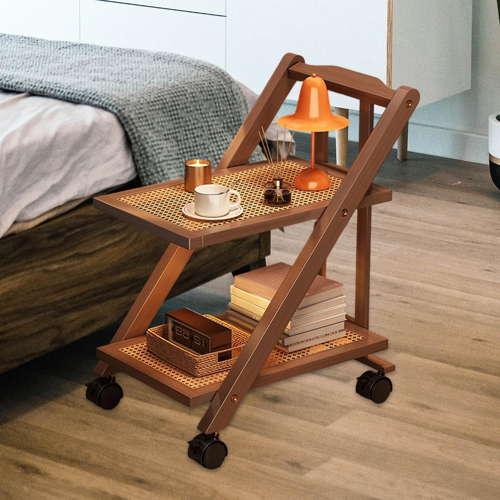 Carro Auxiliar Plegable de 2 Niveles Mesa Auxiliar con Ruedas Organizador de Almacenamiento Y Mesita de Noche Adecuado para Dormitorio Y Baño