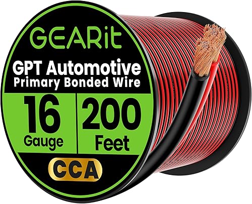 GEARit Cable de calibre 16 (200 pies - negrorojo) GPT Automotive Primary Bonded Wire - Aluminio recubierto de cobre CCA, audio para automóvil, cable