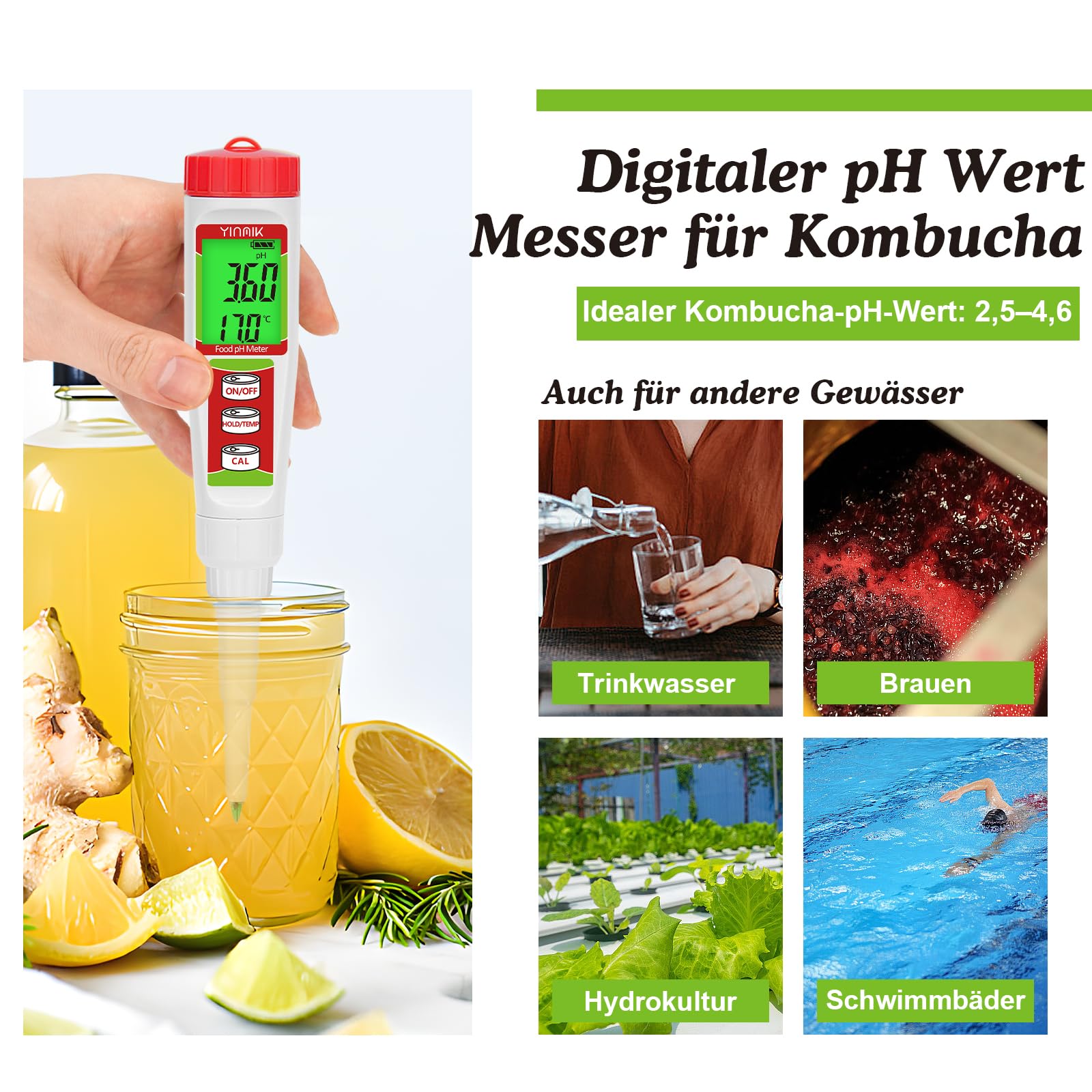 Digitales pH Messgerät, YINMIK pH Tester für Lebensmittel mit Kalibrierlösung, pH Wert für Fermentation, pH Lebensmitteltester für Teig, Sushi Reis, Kombucha, Seife, Käse,Fleisch, Pool und wasser