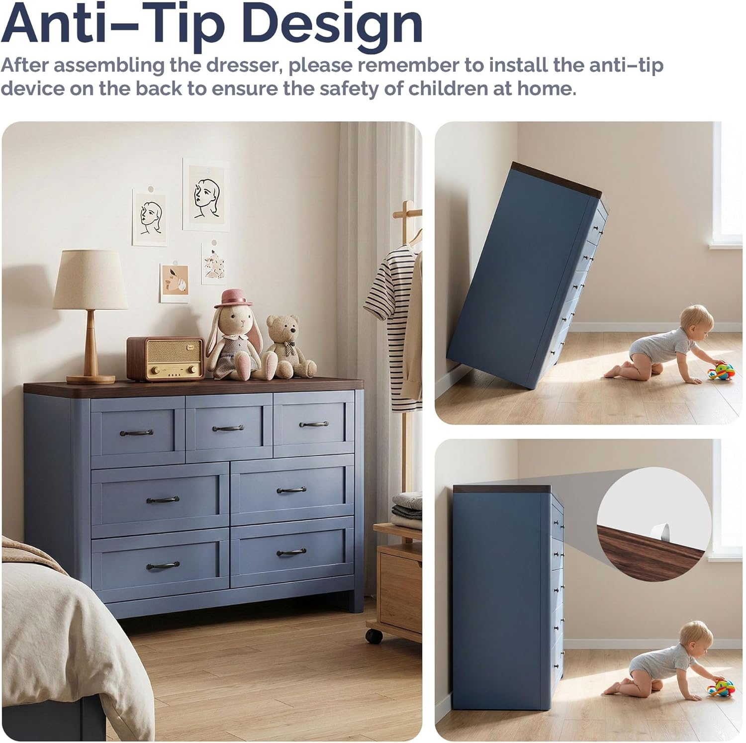Farmhouse 7 Drawer Dresser for Bedroom, 47" Wide Modern Chest of Drawers with Metal Handle, Wooden Storage Dressers Organizer for Bedroom, Living Room, Hallway - Navy Blue