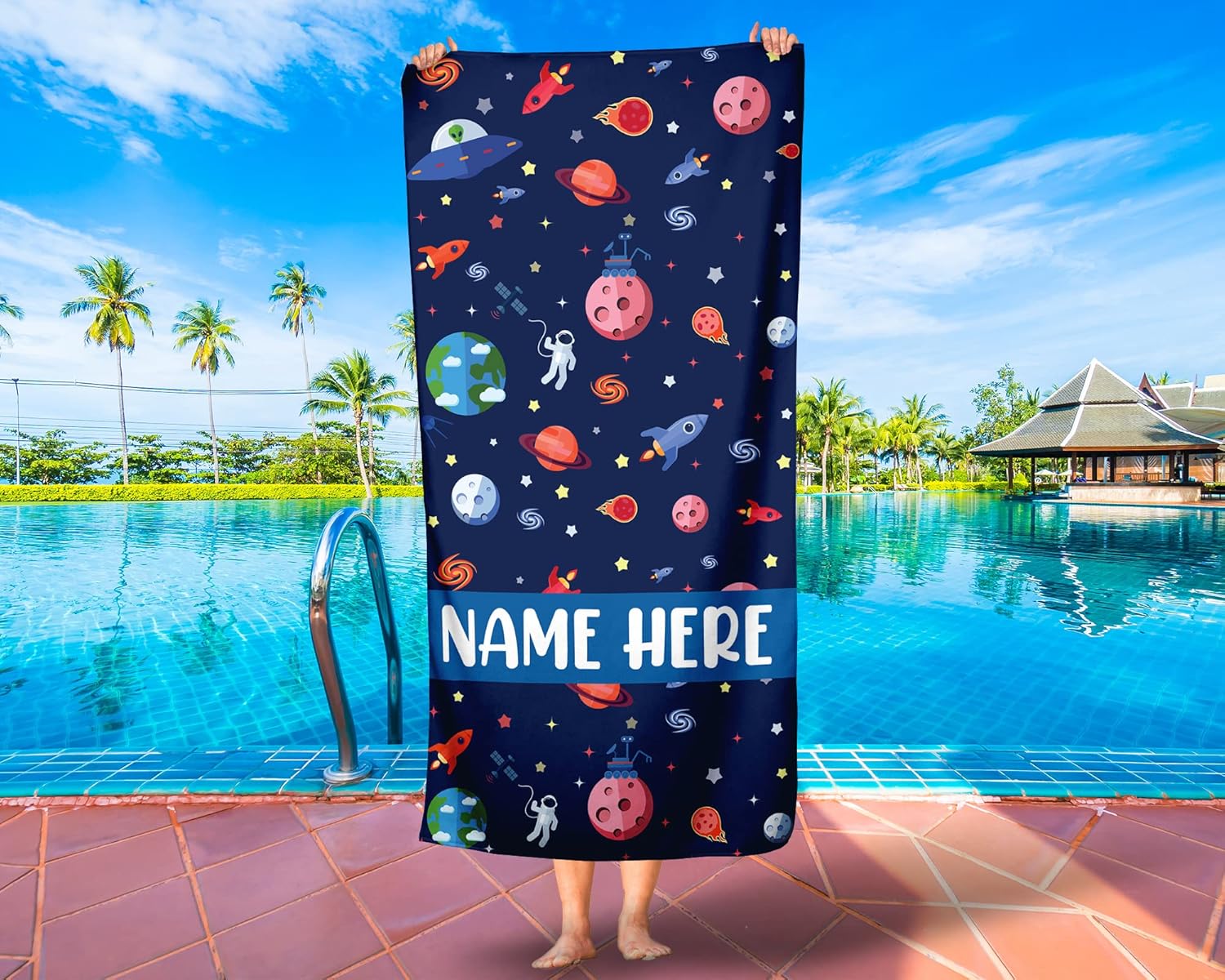 Personalized Space Beach Towel with Name, Custom Solar System and Planet Design for Kids & Adults, Space Themed Pool or Bath Towel with Custom Name Print