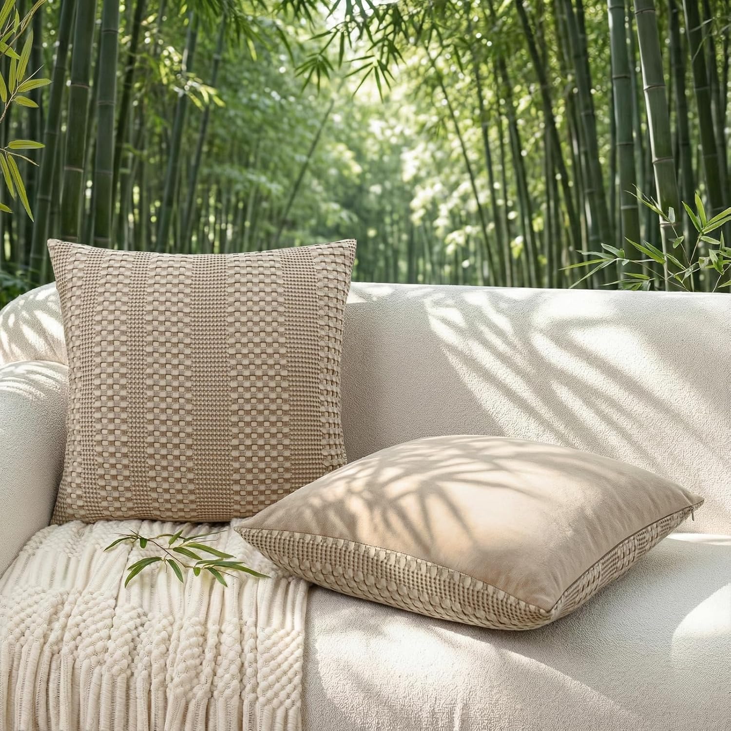 a moment 2 Pack Bamboo Fiber Pillow Covers - Waffle Weave, Ultra Soft & Breathable, Euro Shams Cotton Throw Pillow for Couch, Sofa, Bedroom Living Room 24x24 Inch Khaki