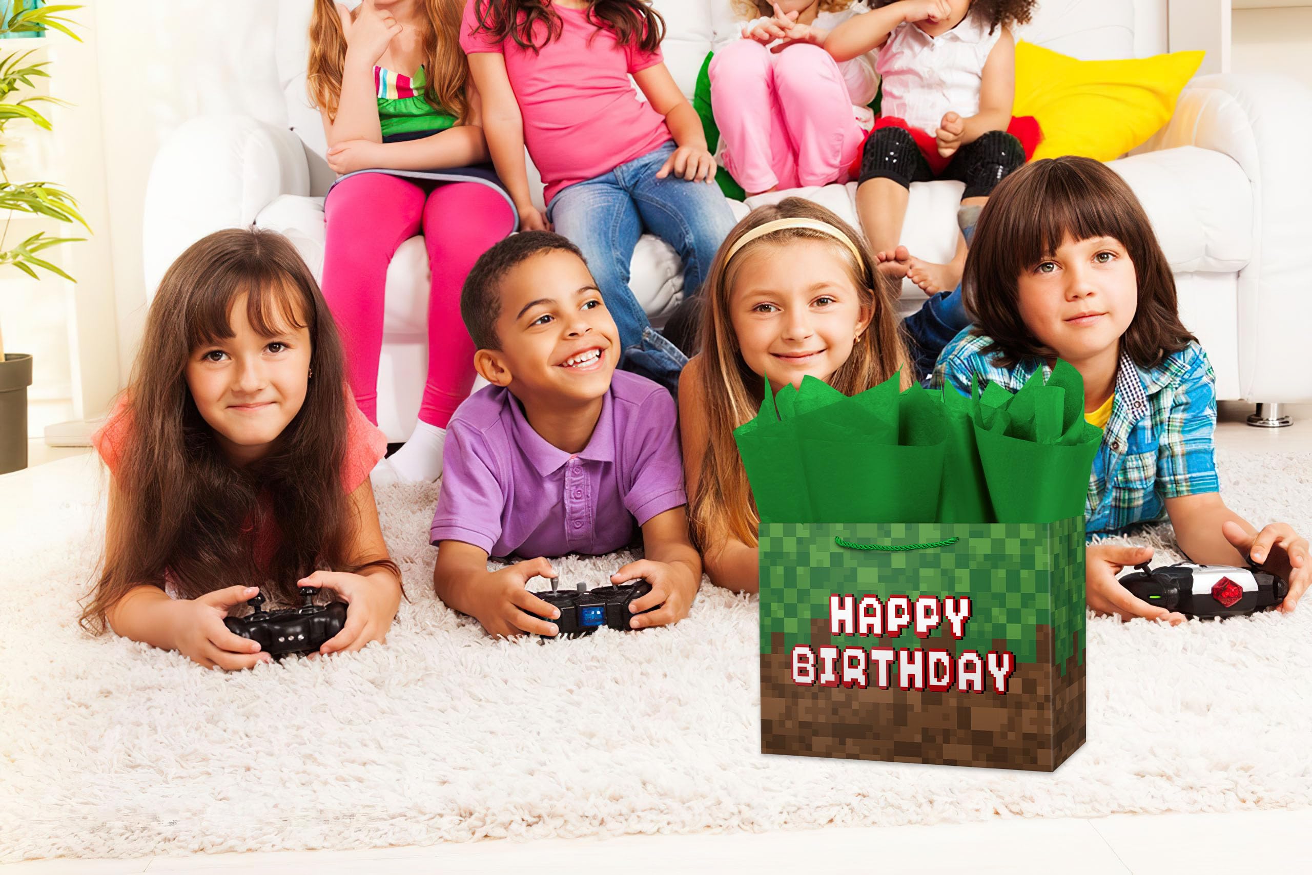 Ranfashiong 13" Large Pixel Theme Birthday Boys Gift Bag with Tissue Paper and Card for Kids, Men Party Supplies (Green)