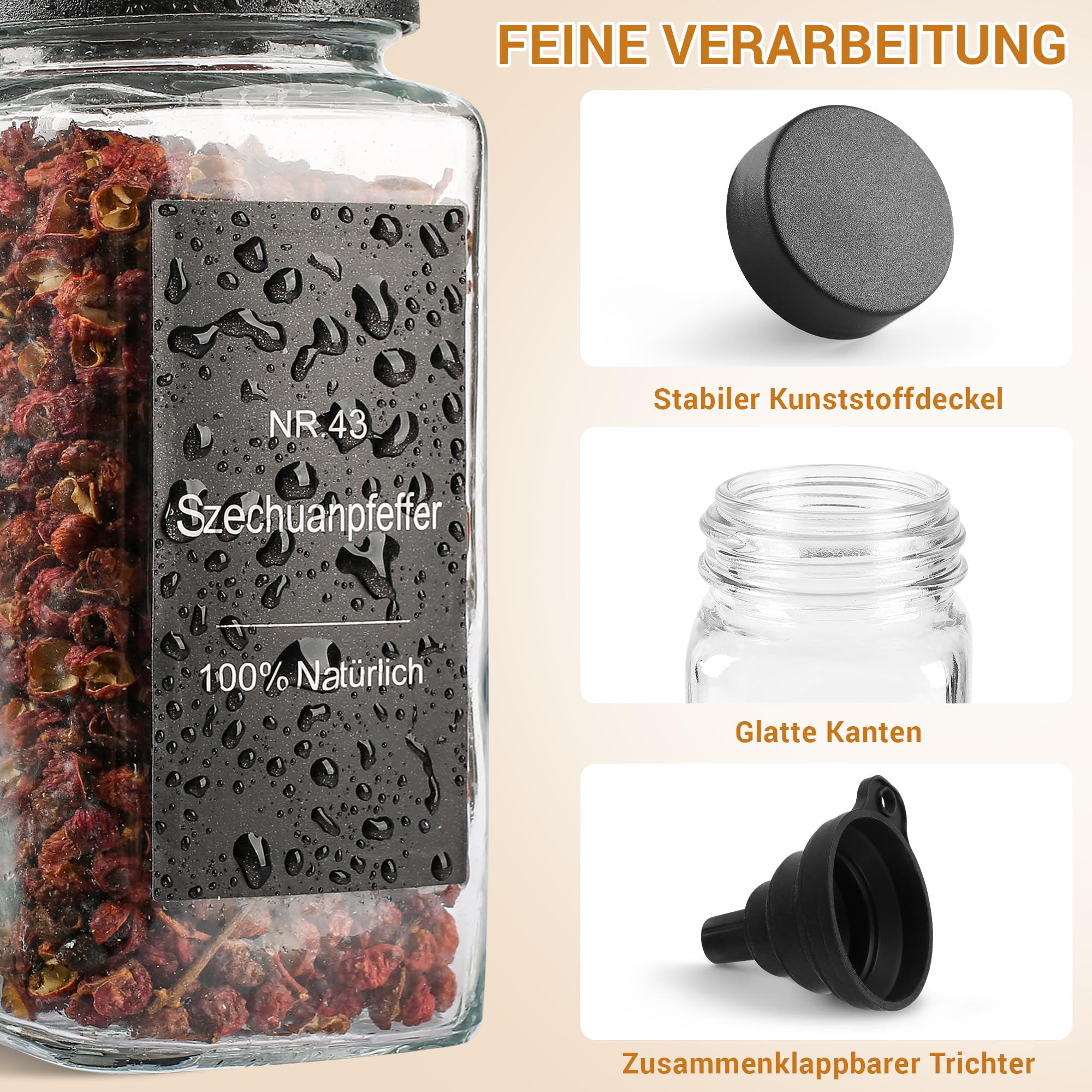 Gewürzgläser Eckig Set 24er - Gewürzdosen Glas 120ml mit Etiketten & Streueinsatz - Gewürzbehälter für Küche Spice Jars Gewürz Organizer mit Deckel