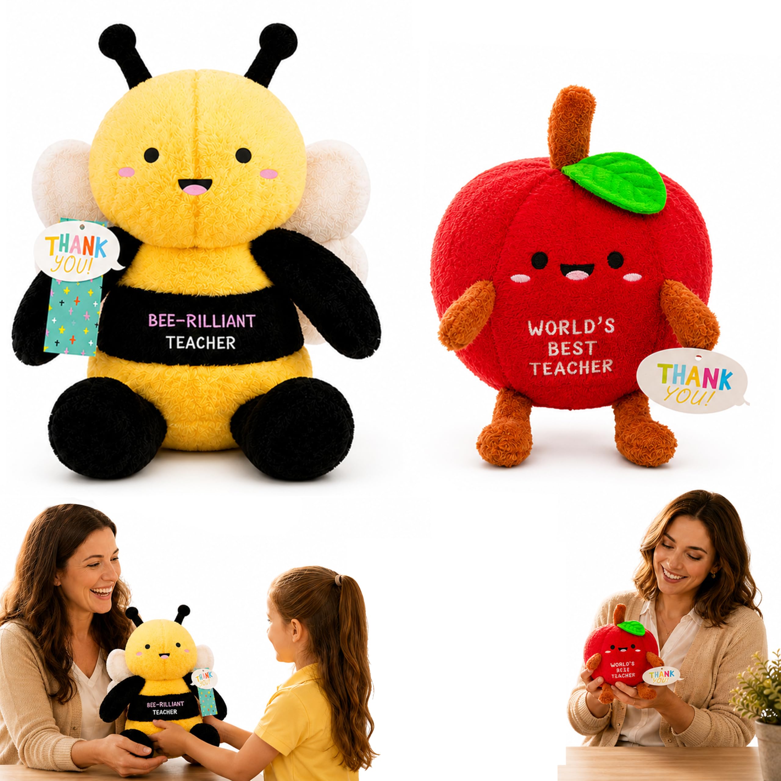 SRV Hub 2Pcs Teacher Appreciation Plush Gift Bundle,Apple Plush & Bee-rilliant Bumblebee, Soft Stuffed Desk Keepsakes