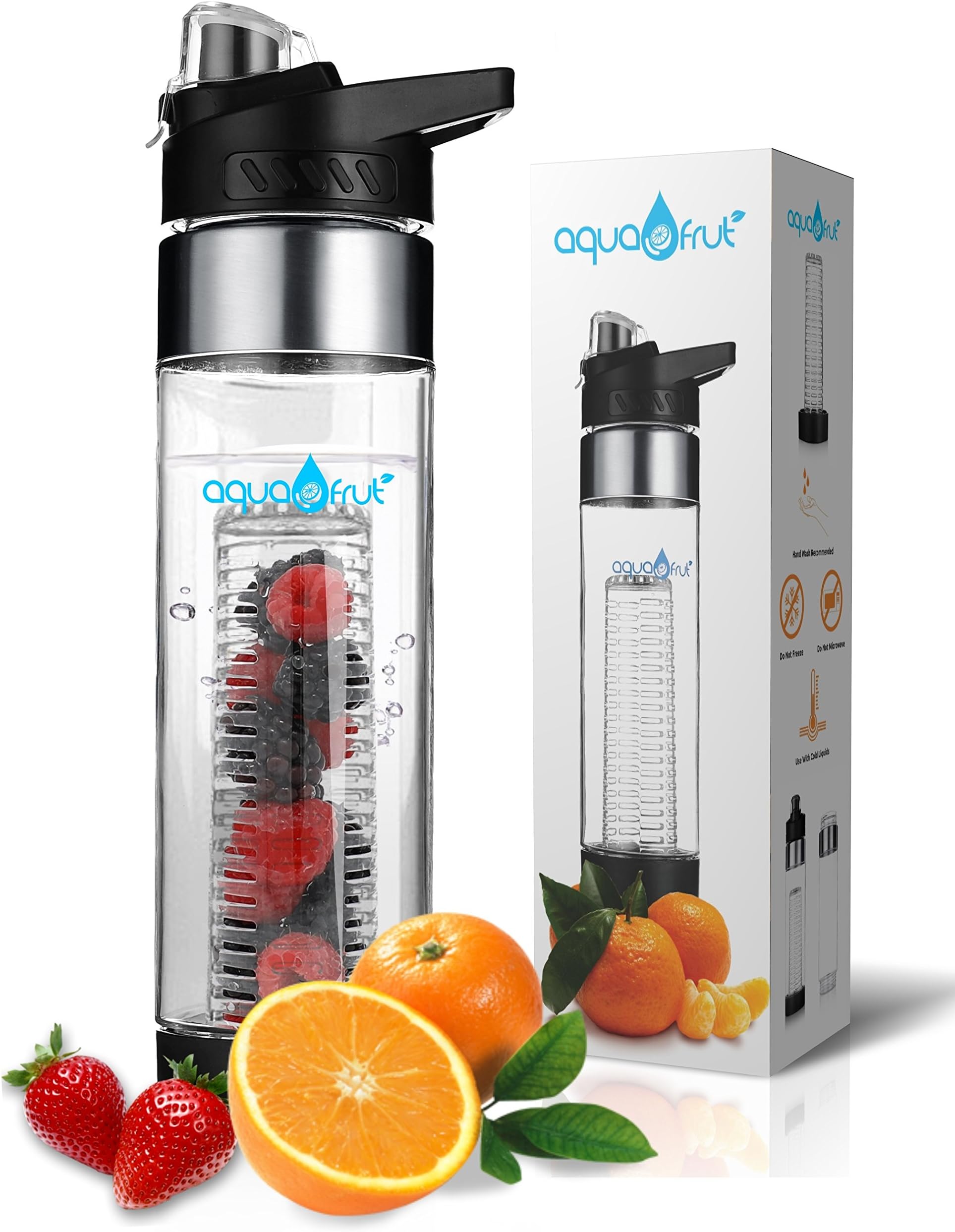 NEW Bottom Loading Fruit Infuser Water Bottle - BPA Free Tritan Plastic - Leak Proof - 24 OZ - Infusion Recipe eBook (Black)