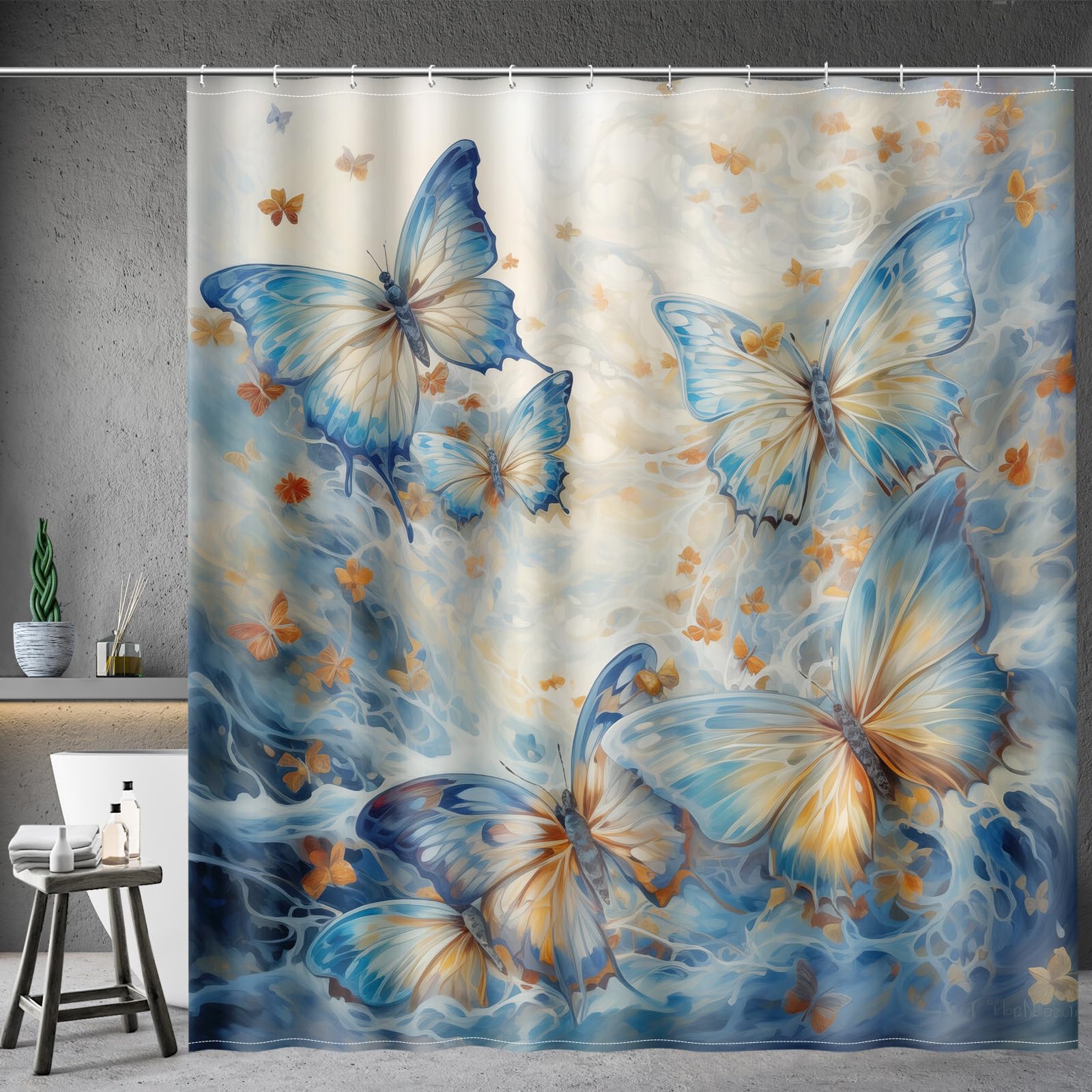 Aimego Butterfly Shower Curtains for Bathroom -Blue Burnt Orange Butterflies Watercolor Oil Painting Spring Summer Bathroom Decor Fabric Cloth Shower