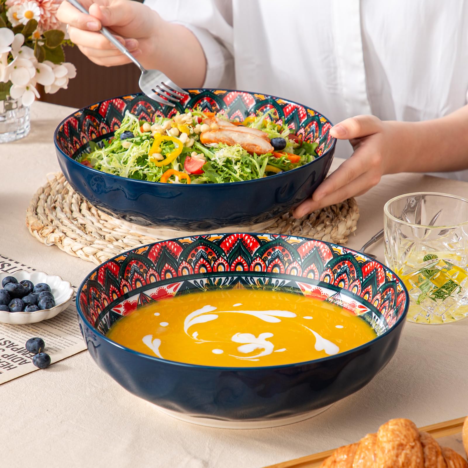 YUN TAO Cuencos grandes para servir, cuencos de porcelana de 10 pulgadas, capacidad de 75 onzas, tono azul vibrante, aptos para microondas y lavavajillas para ensalada, pasta, entretenimiento y fiesta