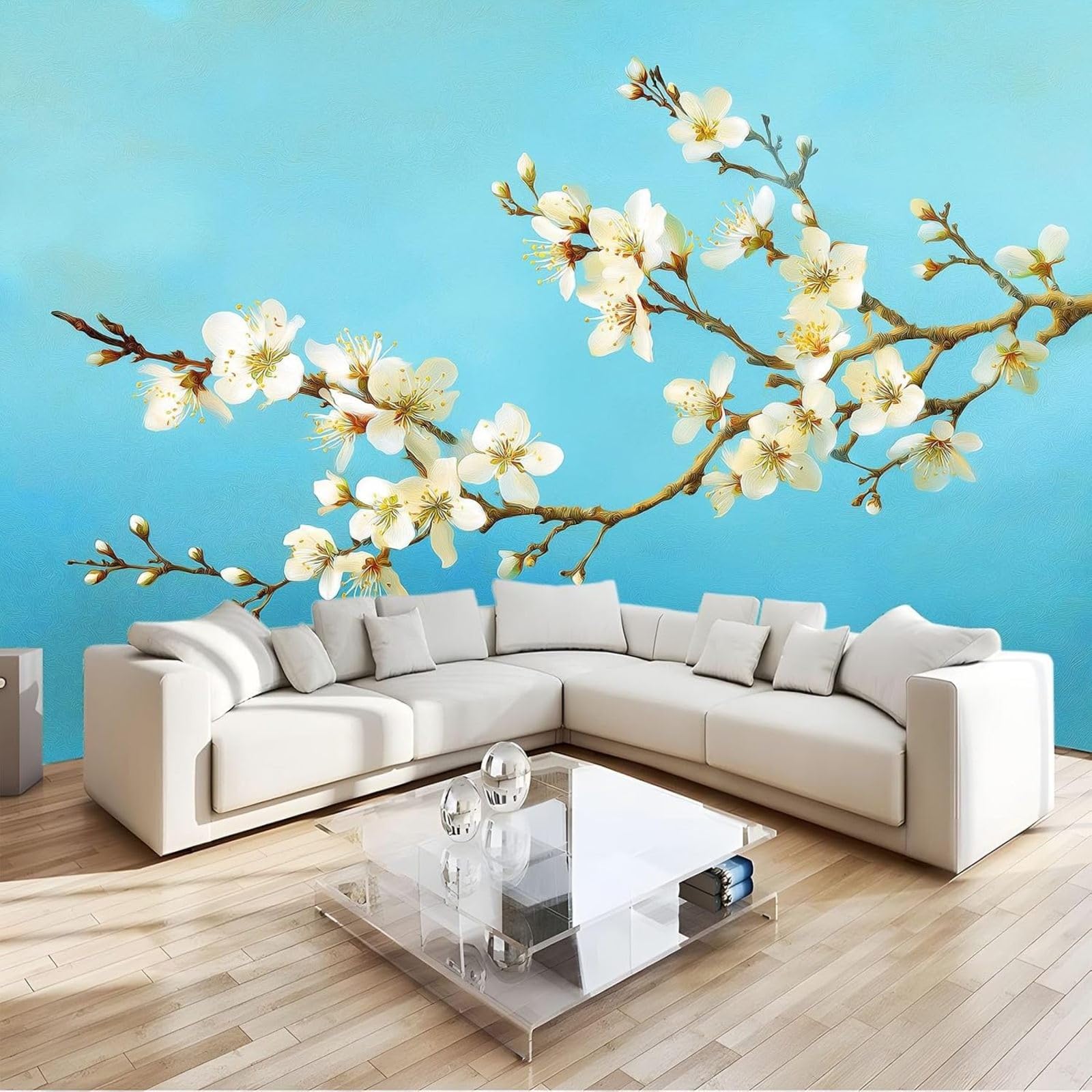hgjdjhnf Apricot Blossom Non-Woven Photo Wallpaper Light Blue 300cm x 210cm