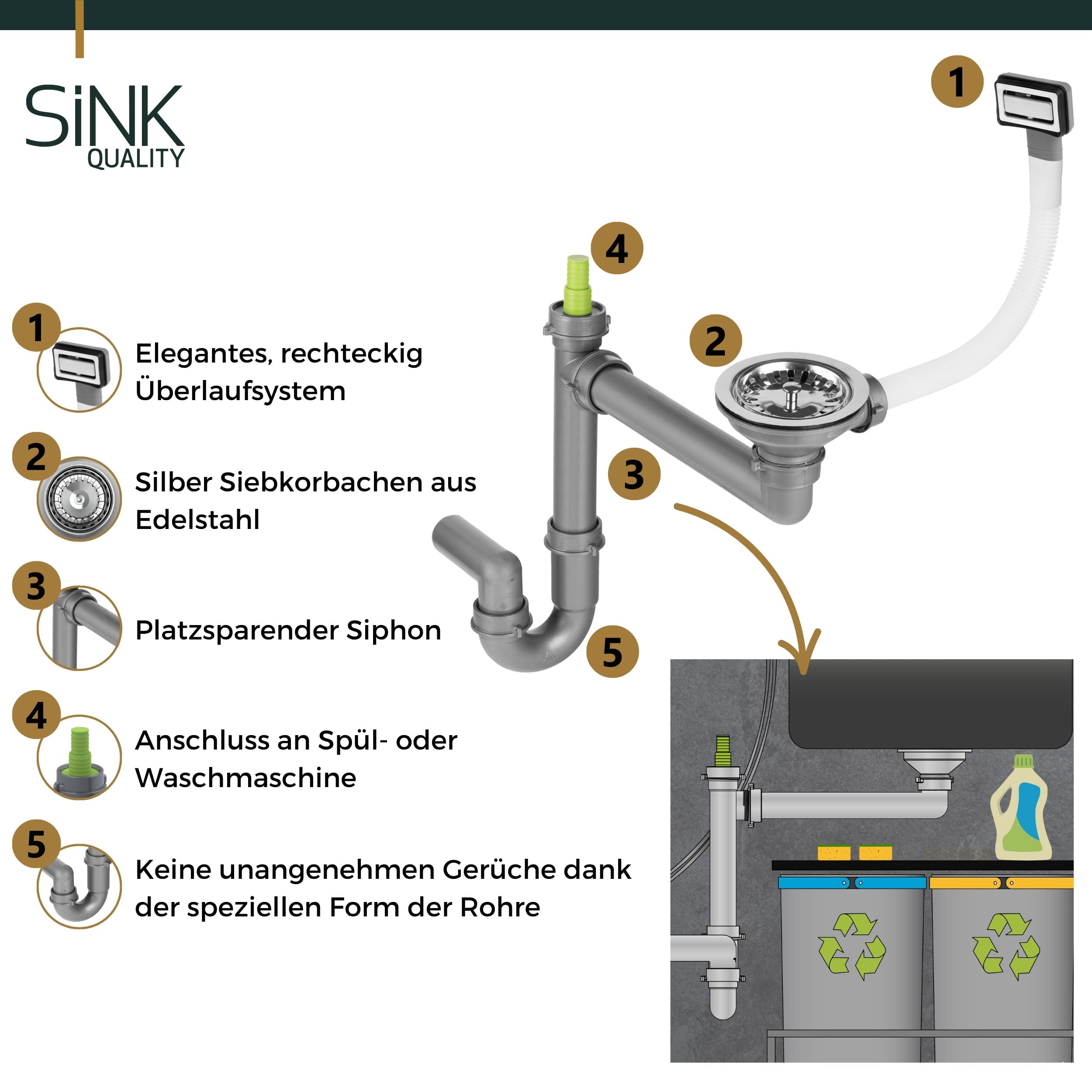 SINK QUALITY Zlewozmywak z granitu, czarny, nakrapiany, 40 x 50 cm, syfon i impregnacja, bez ociekacza, mały zlew kuchenny, do dolnych szafek od 40 cm szerokości