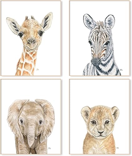 Safari Animal Nursery Prints Unframed Set of 4, Pick Your Baby Animals and Size, Original Watercolor Portraits Art Signed By Artist
