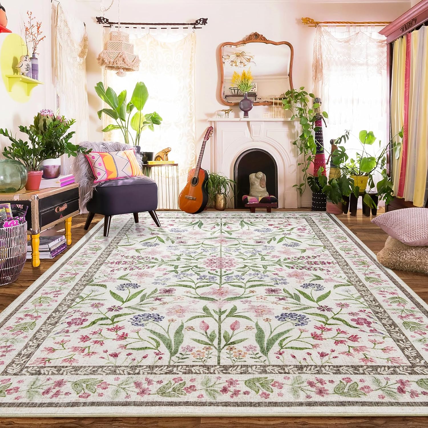 Amearea 8x10 Area Rugs for Living Room, Washable Area Rugs 8 x 10 Pink Floral Rug, Vintage Low Pile Cute Kids Girls Room Print Carpet, Non Slip Office Nursery Bedroom Dining Room Farmhouse Decor 8x10 Feet Pink