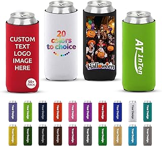 Custom Can Coolers Sleeves 100 Pack Bulk for 12 OZ Cans & Bottles, Personalized Collapsible Insulated Drink Holder with Logo Image Text for Anniversary Wedding Birthday Party Fishing Picnics