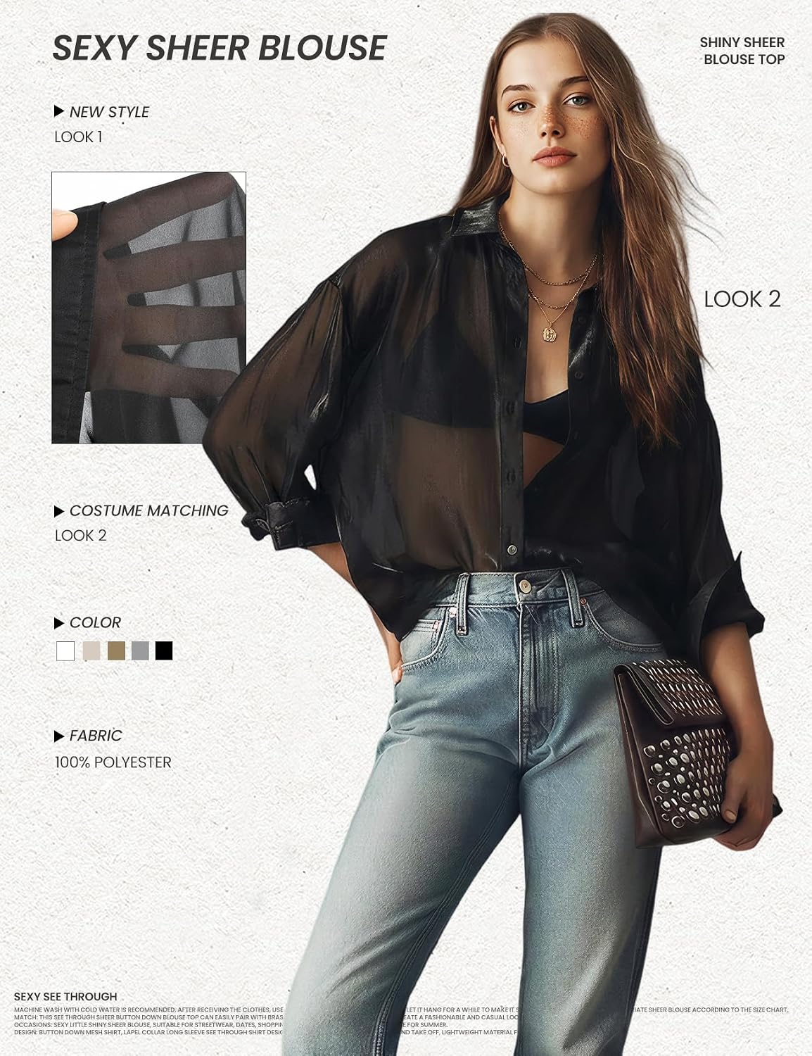 Wyeysyt Womens Shiny Sheer Blouse Top Sexy Mesh Shirt See Through Long Sleeve Shirts Button Down Collared Tops
