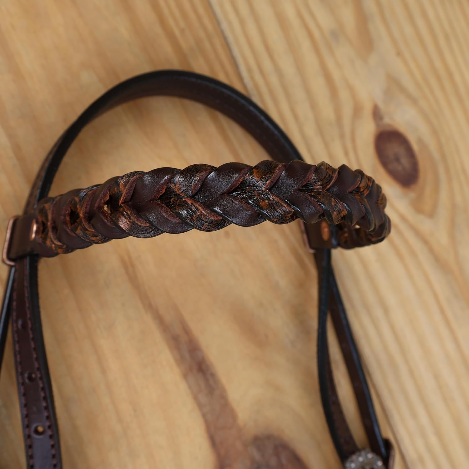 Ring Headstall & Breast Collar Tack Set - Brown Leather with Engraved Antique Nickel Rings, Metallic Leopard Fringe, Braided Browband & Cheekpiece