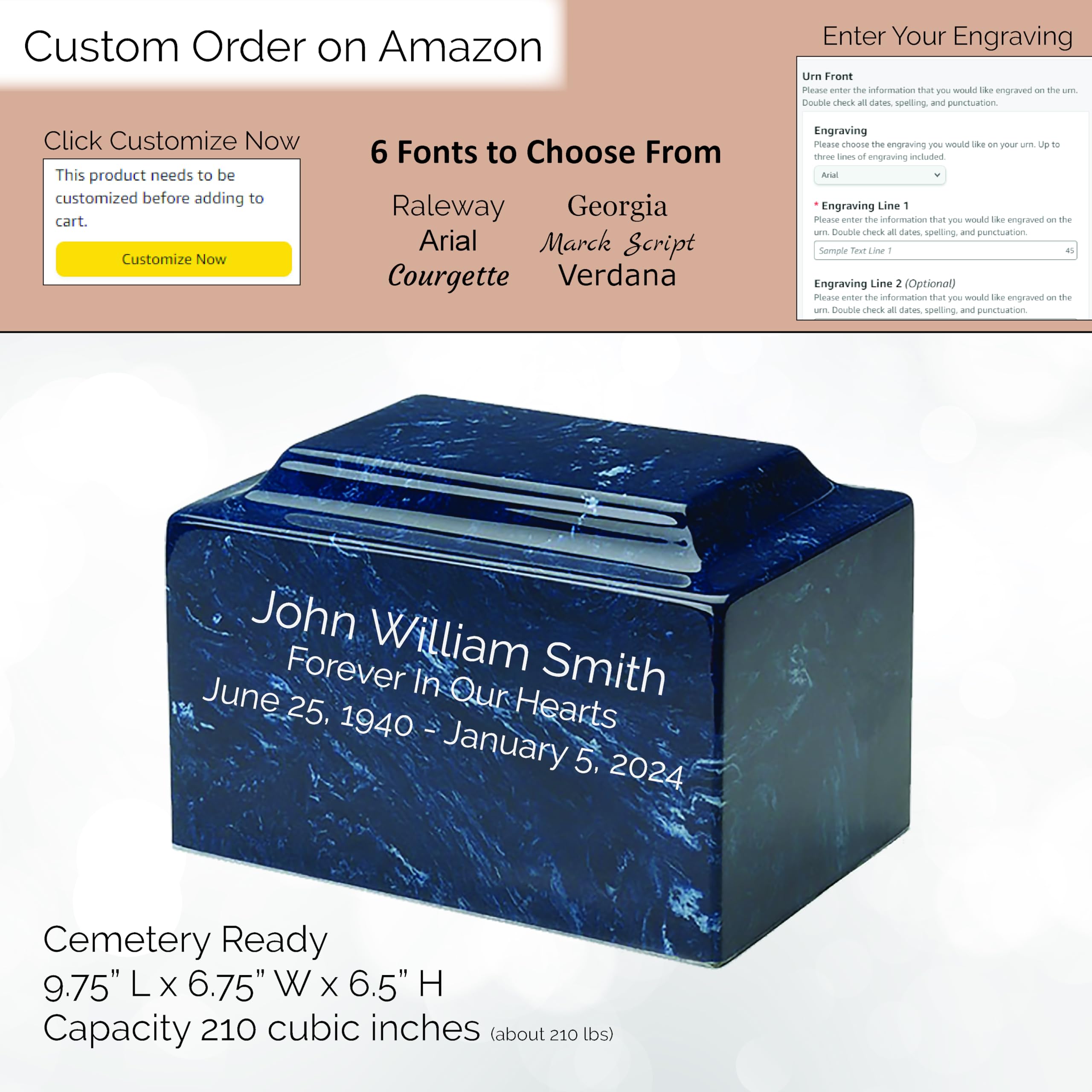 Custom Engraved Mackenzie Urn Vault - Up to Three Line of Custom Engraving Included. Six Different Custom Fonts to Choose from. Cultured Marble Adult Full Size urn. Navy color
