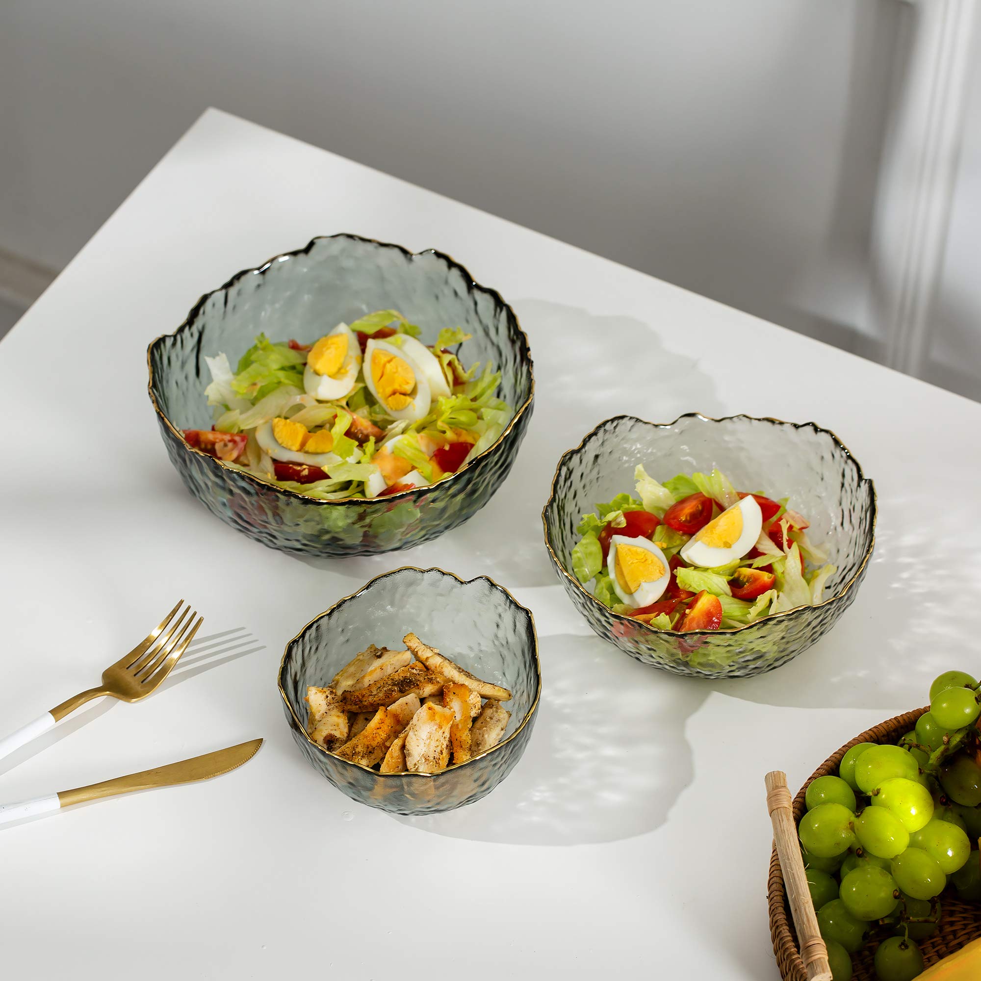 Glasseam Set Da 3 Ciotole In Vetro Set Di 3 Insalatiere Per Affumicare Grigie Fumose Scodella Per Zuppa Profonda Per Zuppa Dessert Da Frutta Pasta Curry Popcorn Cereale Completo Da Impastare