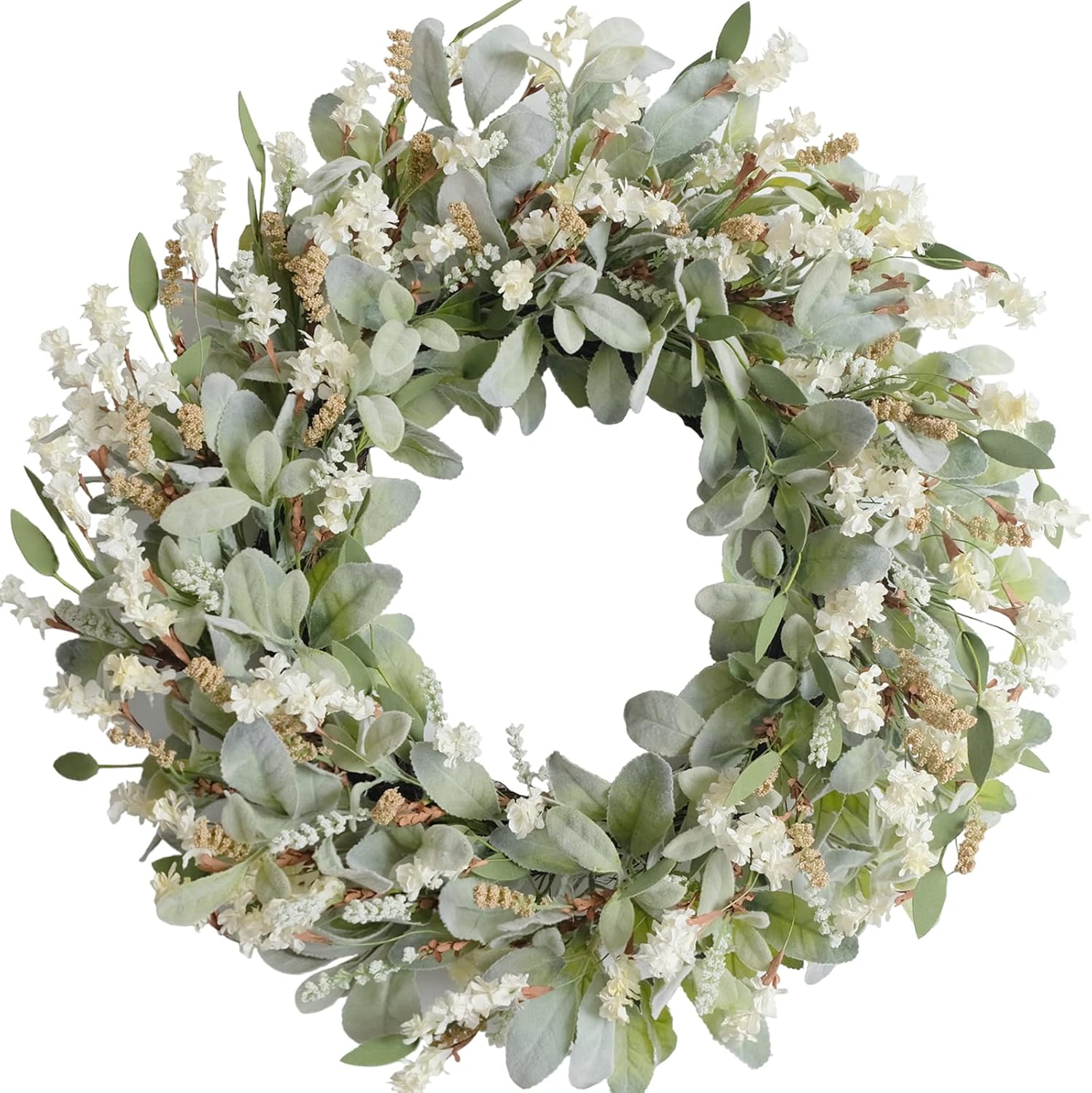 24 Inch Summer Spring Ivory Flowers Wreath for Front Door, Everyday Lamb Ears Leaves Wreath with White Artificial Flower for Indoor and Outdoor, Rustic and Farmhouse Greenery Flower 24 Inch Summer Spring Ivory Flowers Wreath for Front Door, Everyday Lamb Ears Leaves Wreath with White Artificial Flower for Indoor and Outdoor, Rustic and Farmhouse Greenery Flower