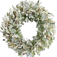 Egolot 24 Inch Ivory Flowers Wreath for Front Door - Lamb Ears Greenery, Rustic Farmhouse Spring Summer Everyday Decor Indoor Outdoor