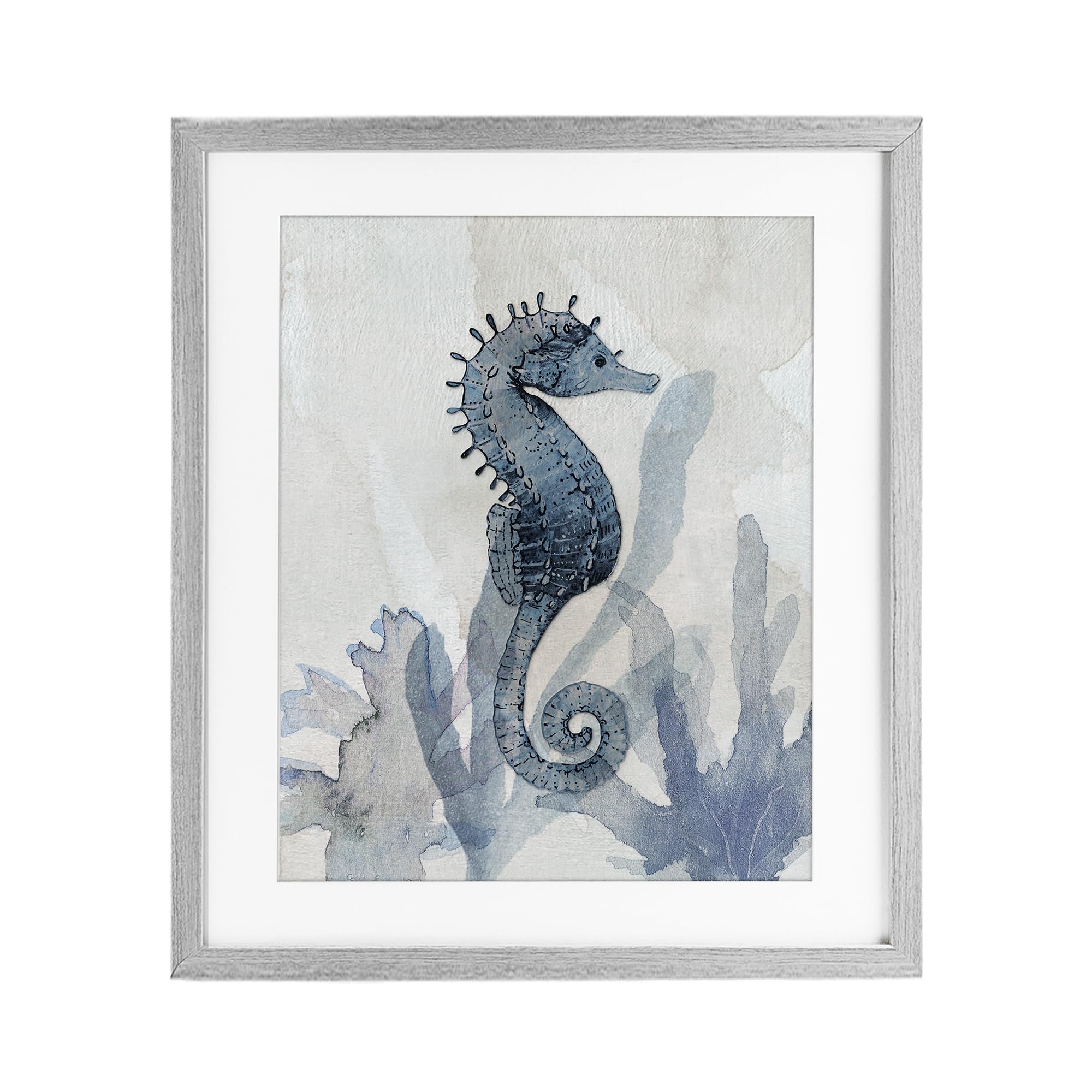 Stupell Industries Farmhouse Gray (Textured) Seahorse Seaweed Nautical Coastal, 17 X 21 Inch Framed Print Under Glass