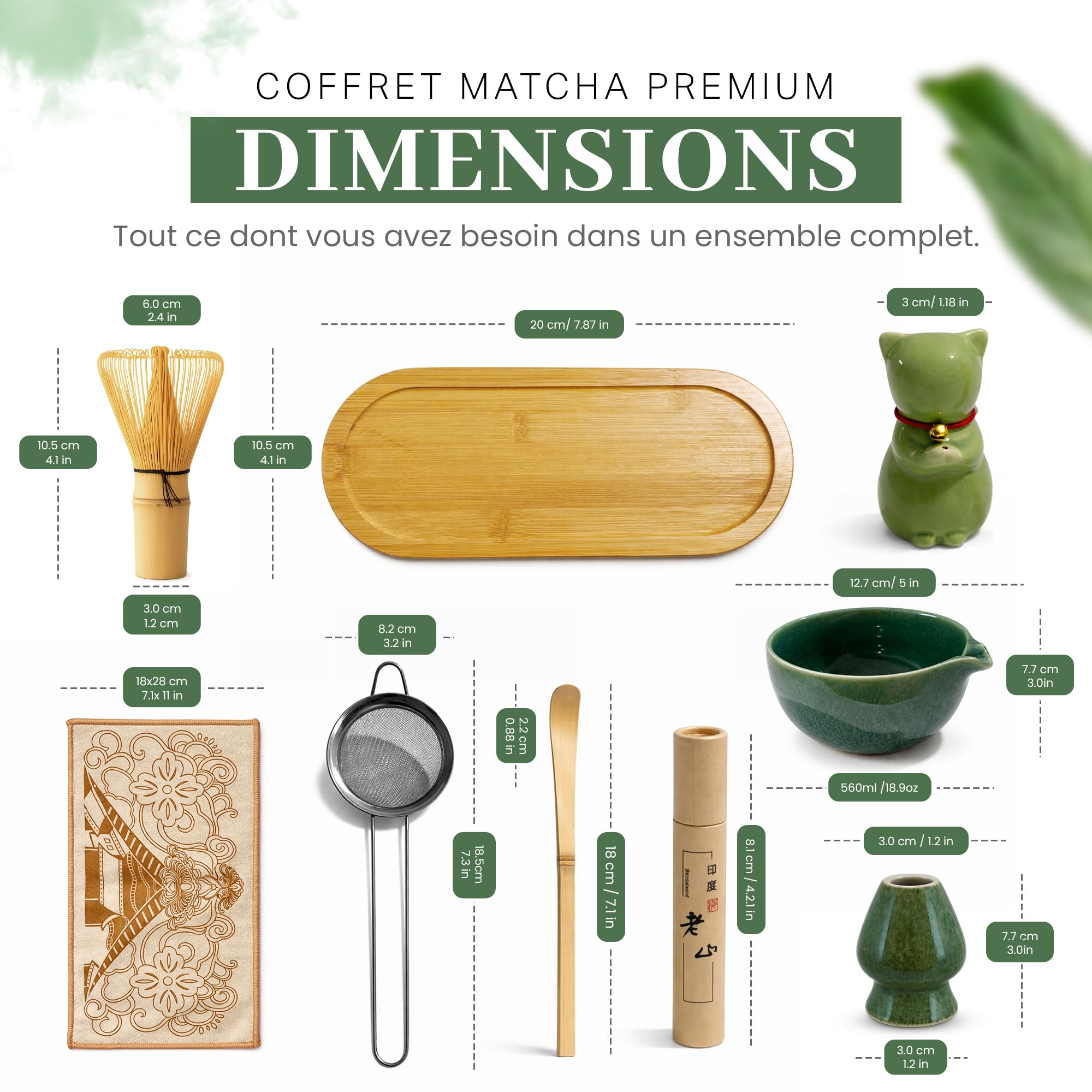Kit Matcha Cérémonie 10 Pièces avec Sac de Transport – Set Matcha Complet avec Fouet Matcha Bambou, Verre Matcha et Accessoires – Kit Traditionnel pour Préparer le Thé Matcha – Idée Cadeau