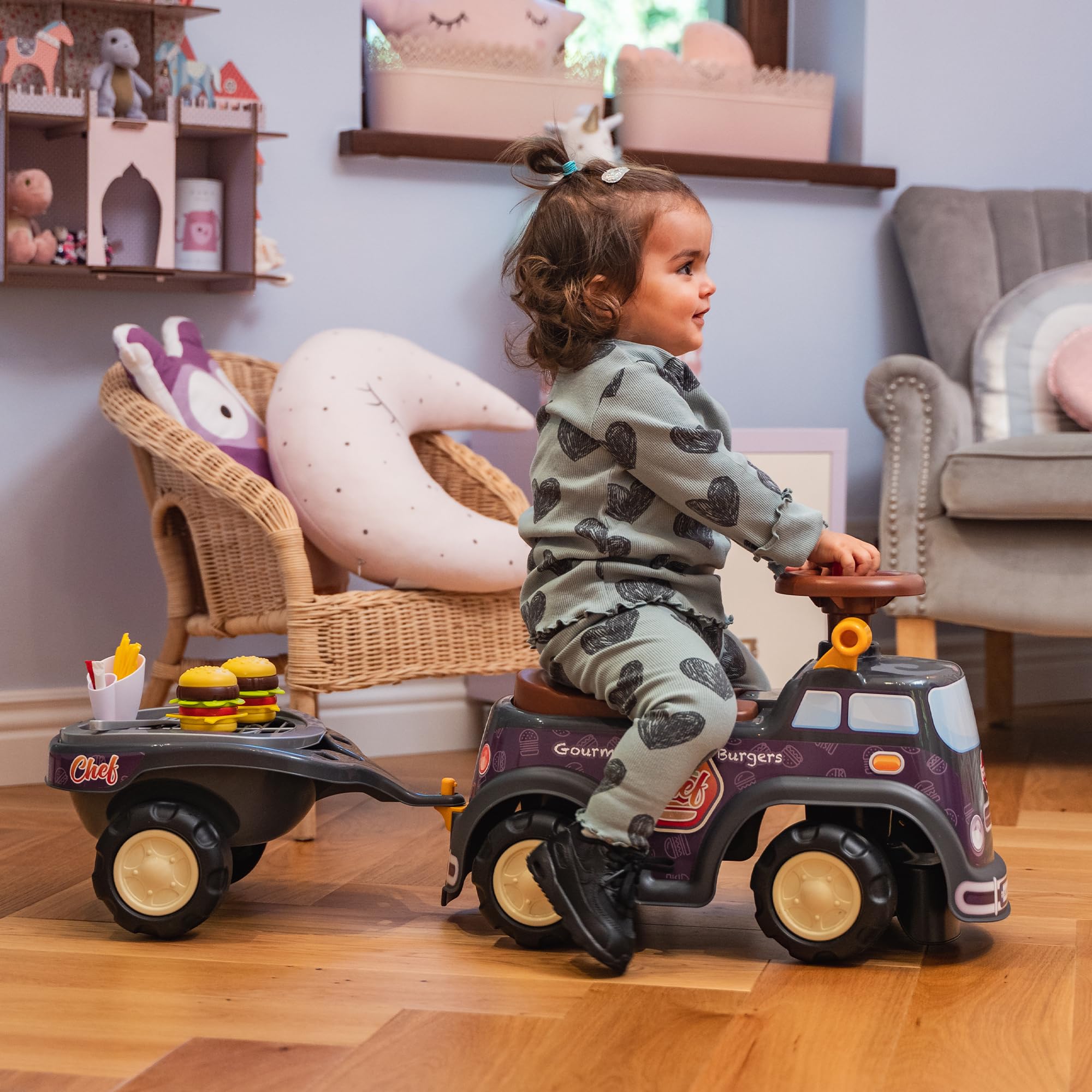 Falk Food Truck Vehicle Toy, with Barbecue Trailer and Chief Cook Accessories, Push Ride-on Toy for Toddler +1 Year FA707C