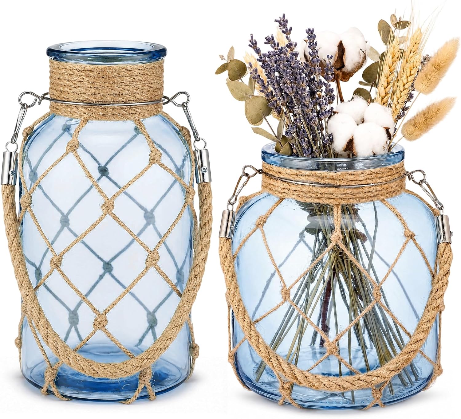 Set of 2 Coastal Glass Vases for Flowers Blue Dry Flower Vase with Boho Rope Small Sea Glass Mason Jar Nautical Beach Bottle for Arrangement Wedding Party Table Decorations