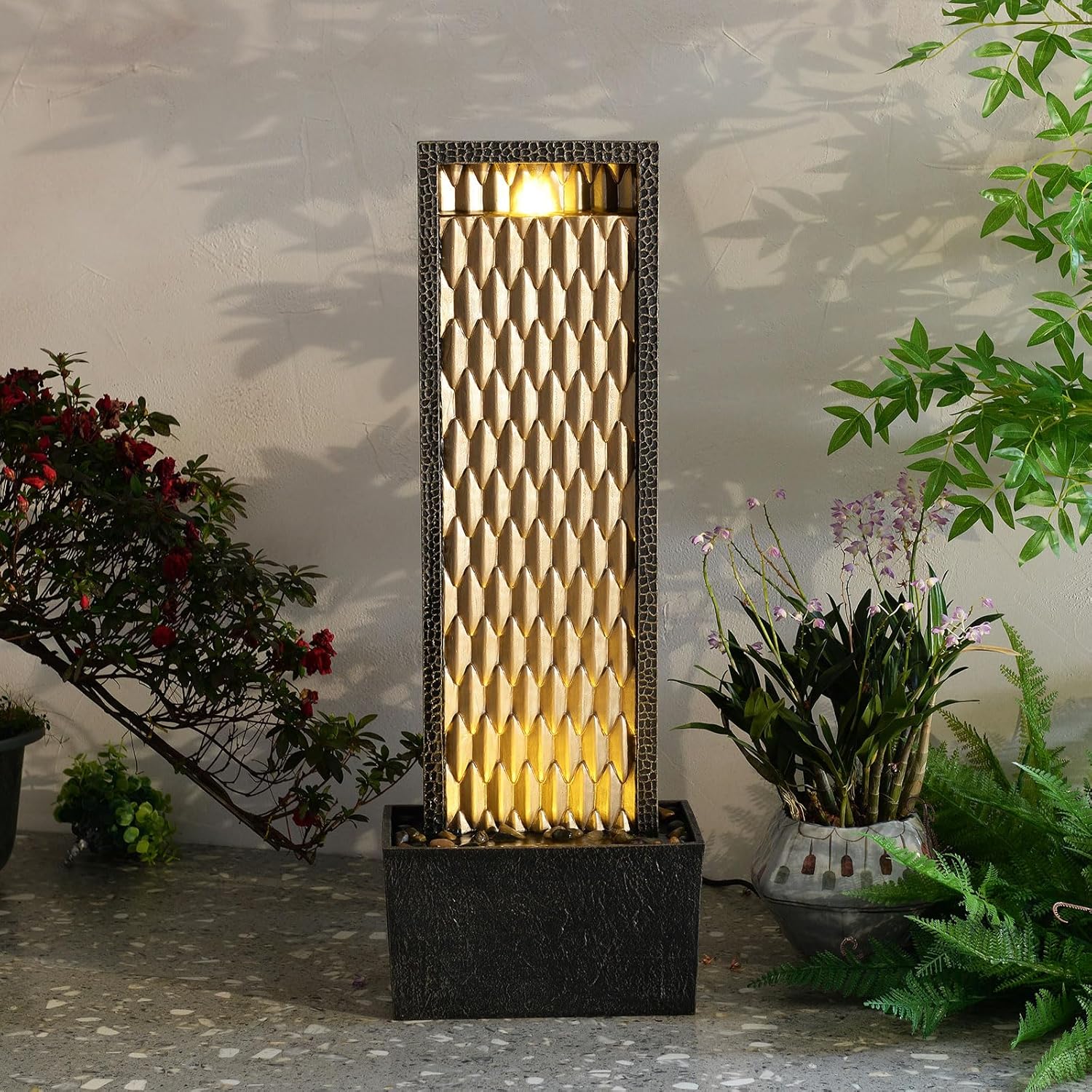 Kalona Outdoor Waterfall Fountain, Large Outdoor Water Fountain for Garden & Patio, 35.8" Tall Resin Waterfall Feature with LED Lights