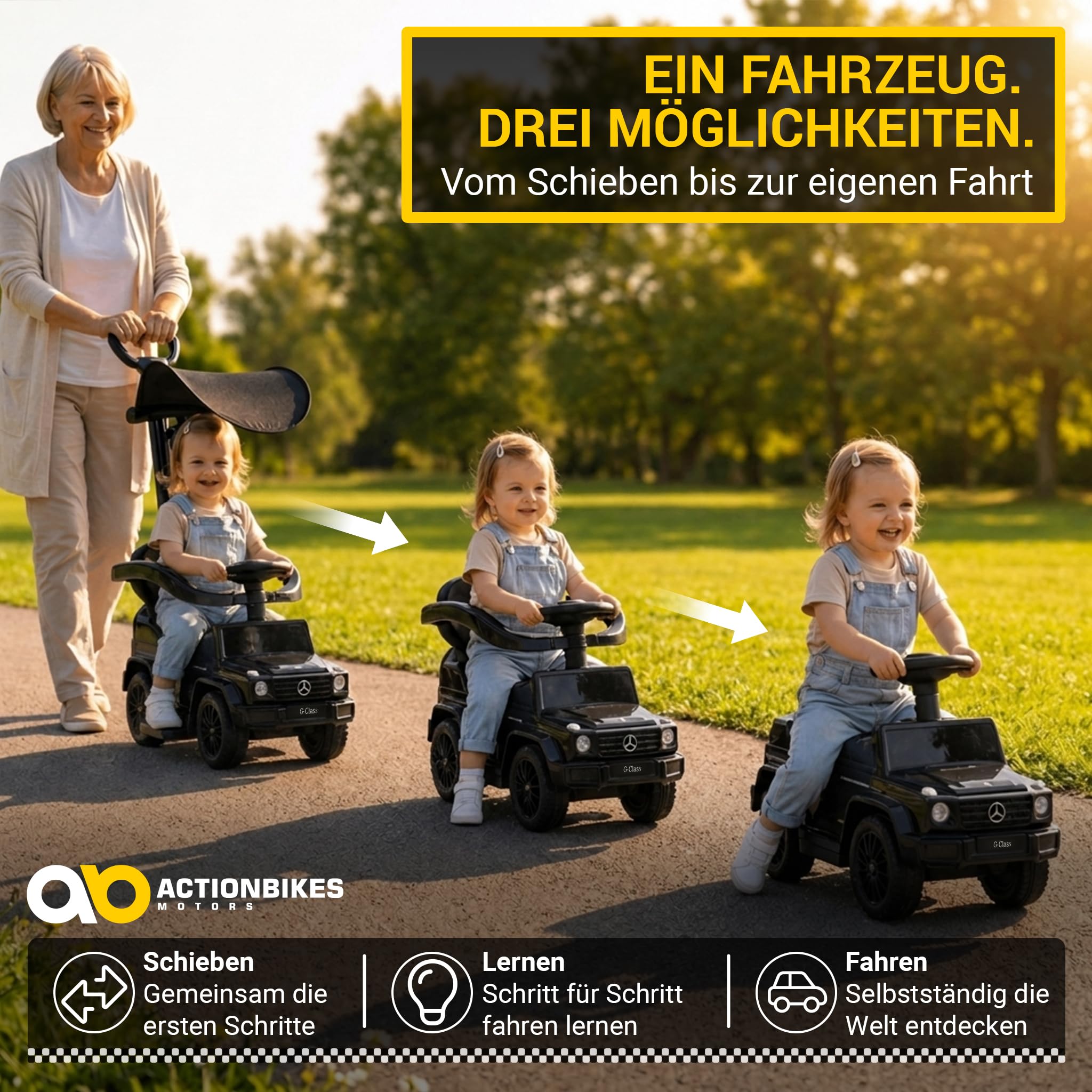 Actionbikes Motors Lauflernwagen Mercedes G350d | Rutschauto mit Schiebestange Schutzbügel Sonnendach - Kinderauto - Rutschfahrzeug - Laufrad - Gehwagen - Kinderfahrzeuge ab 1 Jahr (Schwarz 3in1)