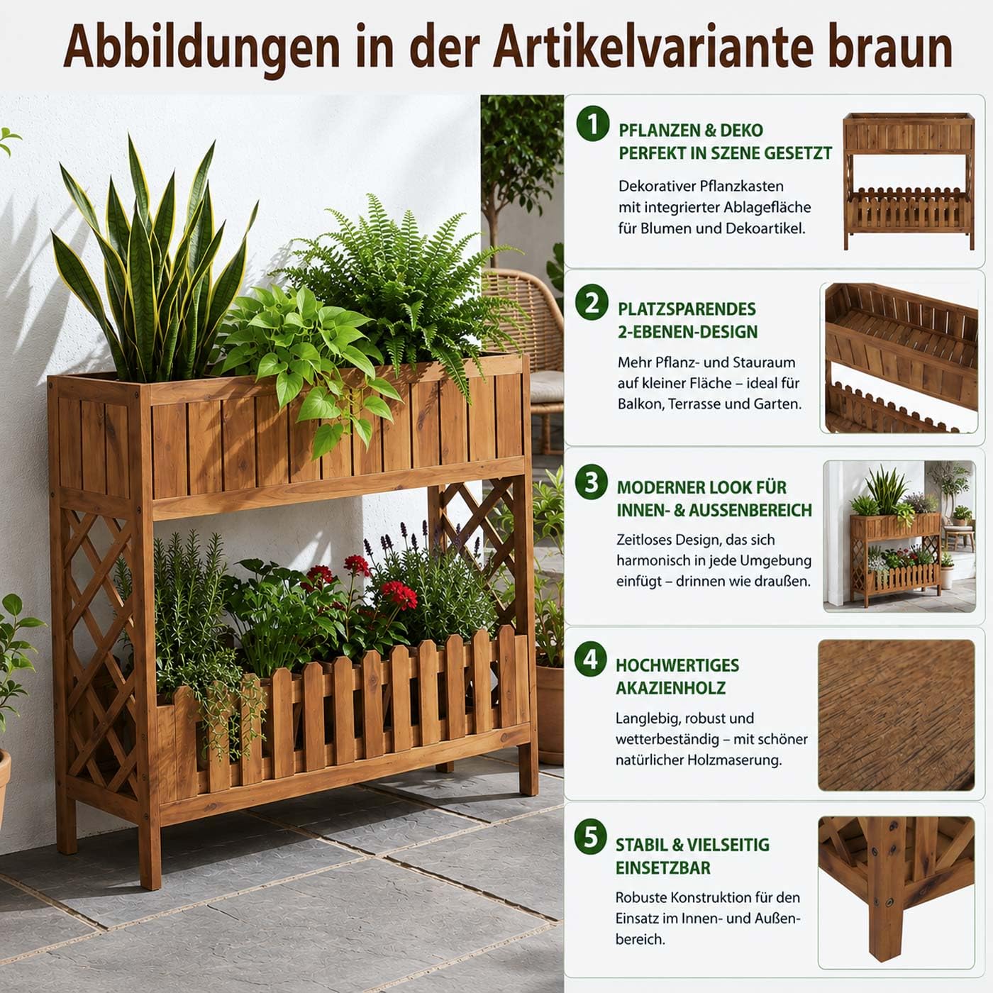 Mendler Hochbeet HWC-P83 Outdoor Akazie Holz 90x95x31cm - braun | Blumen-/Pflanzkasten, Blumenregal, Ablage, FSC®-Zertifiziert