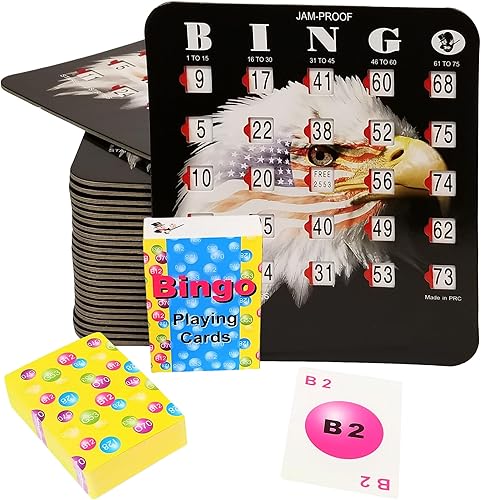 MR CHIPS Tarjetas de bingo a prueba de atascos con ventanas deslizantes, paquete de 50 tarjetas más baraja de llamadas de bingo