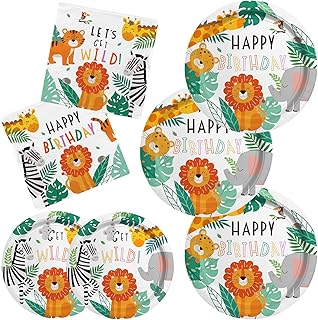 Gatherfun Safari Birthday Party Supplies Jungle Disposable Paper Plates Napkins for Safari Jungle Theme Birthday Decorations, Serve 50