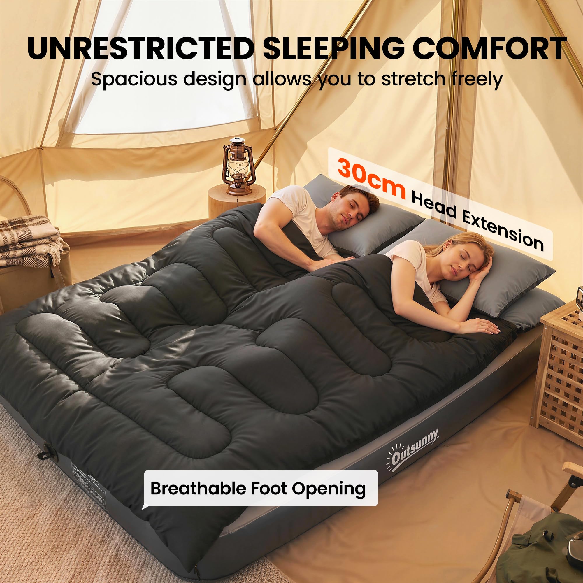 Outsunny Double Sleeping Bag with 2 Pillows, 220 x 160 cm Extra-Large Sleeping Bag for Adults, Detachable into Two Singles or Quilts, for Camping, Hiking — view 5