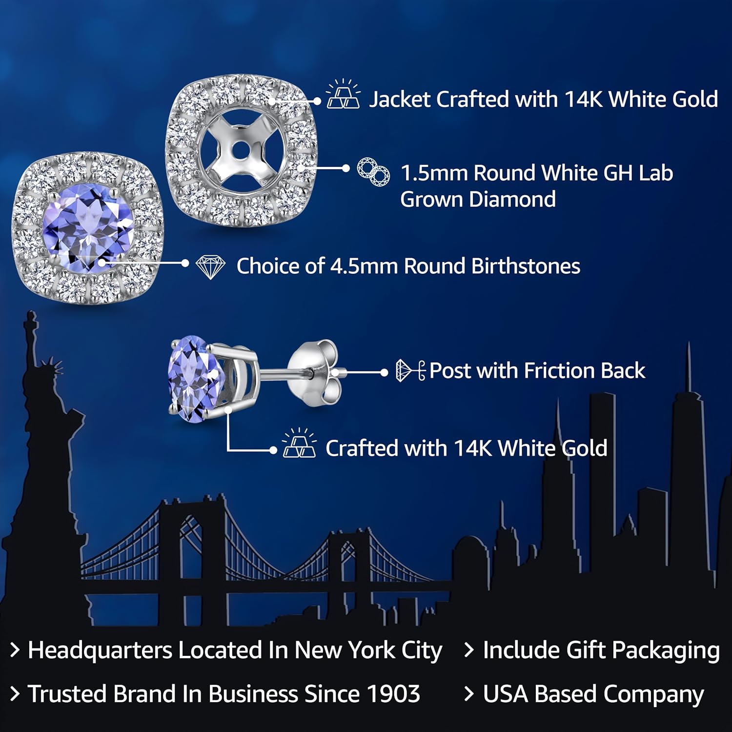 Gem Stone King 14K White Gold Customized and Personalized Round 4.5MM Gemstone Birthstone and White Lab Grown Diamond Removable Earrings Jackets For Women - Image 2