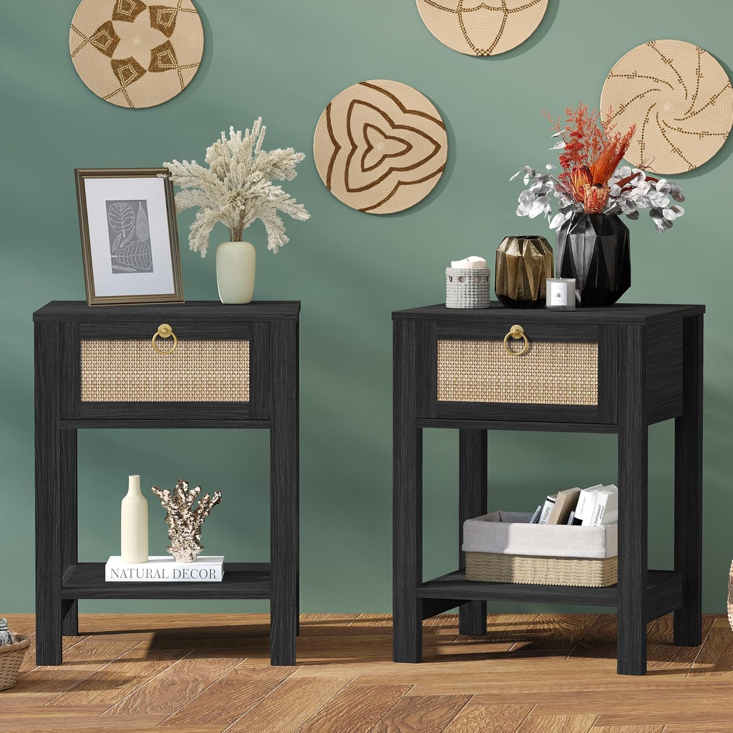 SICOTAS Black Nightstand Set of 2 Rattan Decor Drawer