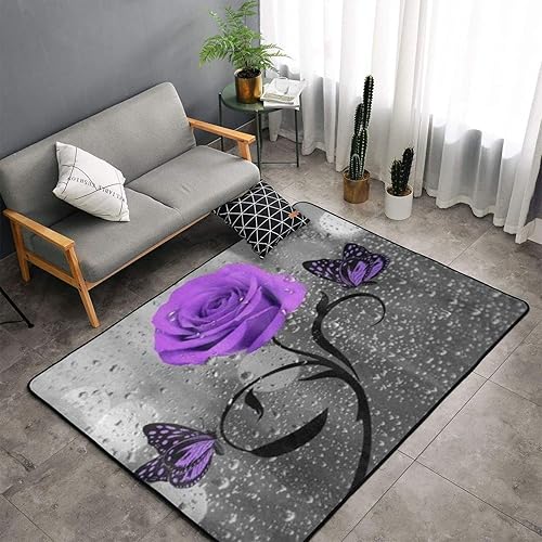 Alfombra de área suave antideslizante lavable para interiores morado y rosa mariposas flores grises hermosa y elegante alfombra grande para el suelo
