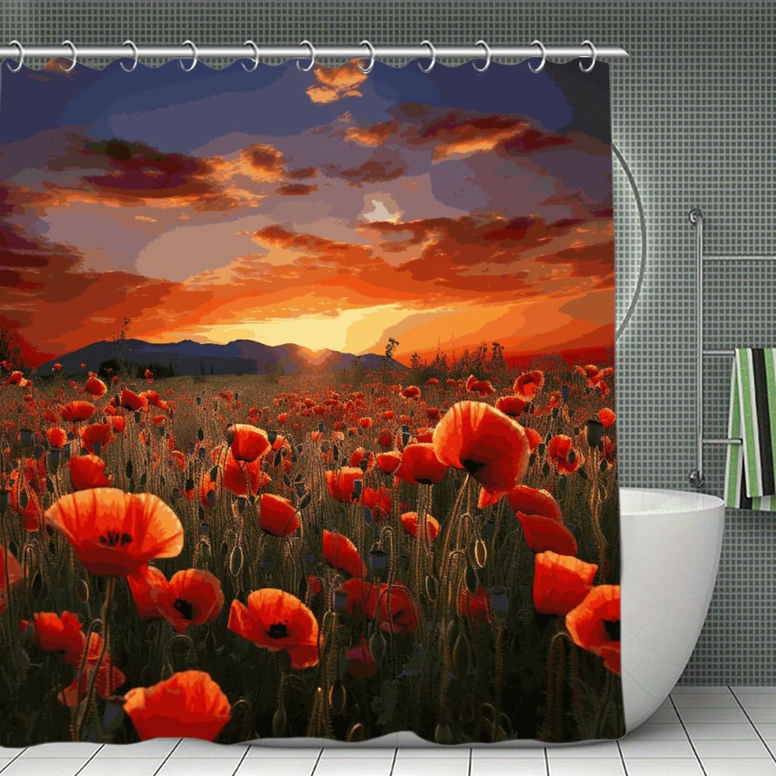 FekiLoot Red Poppy Flower Field in Sunset Shower Curtain Minimalist Thick Bathroom Curtain Washable Modern Bathroom Shower Curtain Heavy Duty Waterproof Cloth Bath Curtain with Hooks 70.8"x70.8"